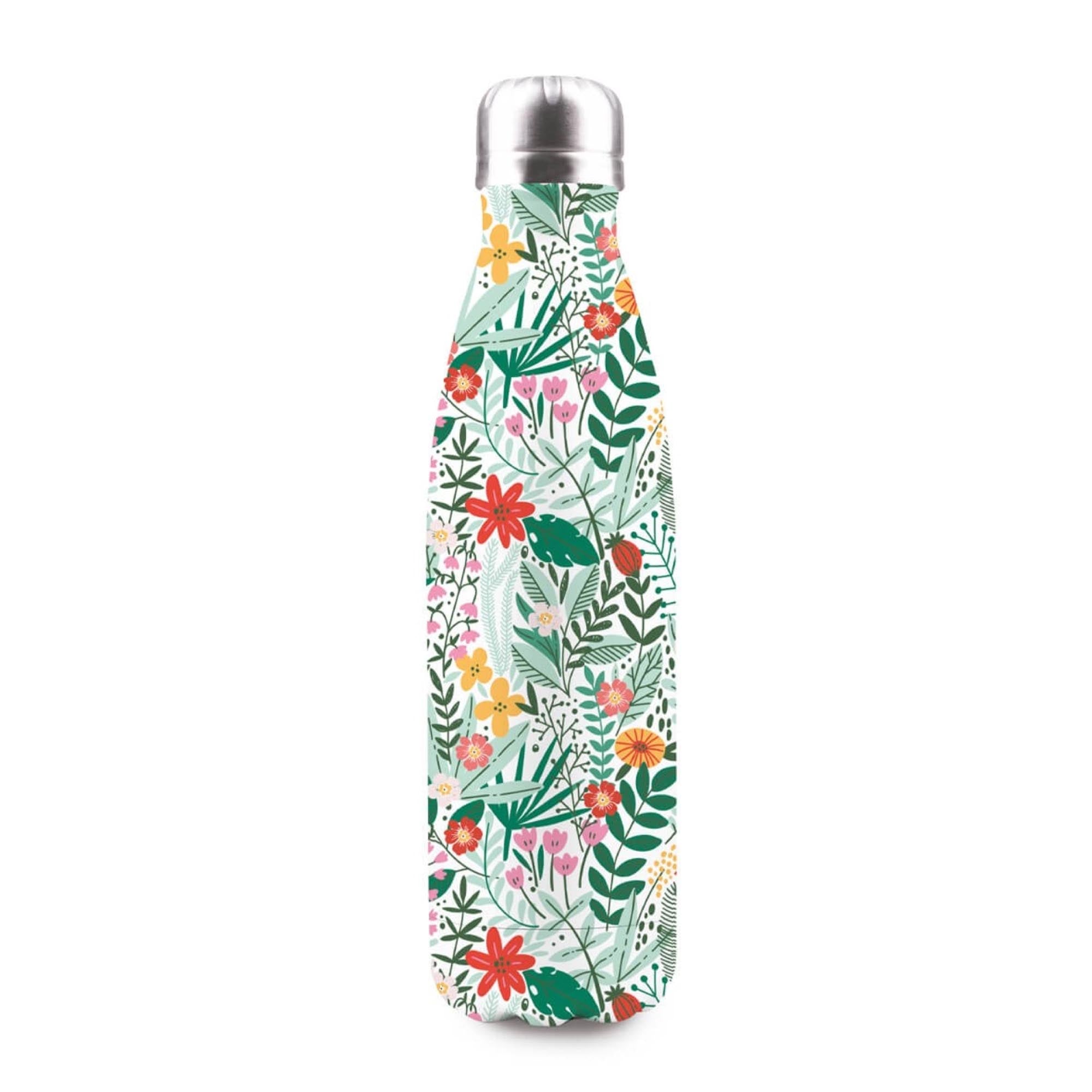 Stilvolle 500ml Isolierflasche aus Edelstahl, hält Getränke 12h heiss/kalt. BPA-frei, auslaufsicher, elegantes Botanic-Design.