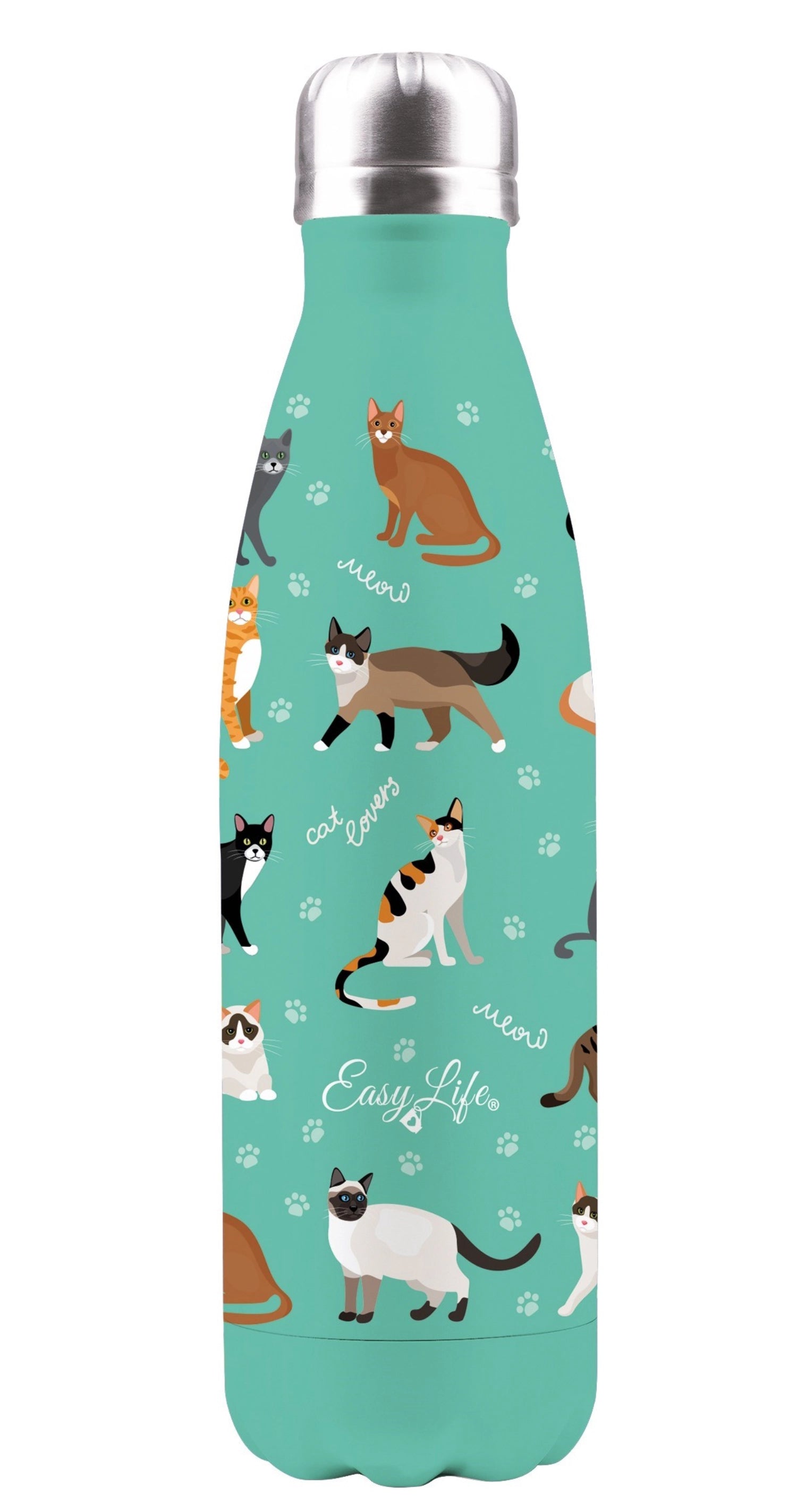 Stylische Isolierflasche 500ml mit Katzenmotiv von Easy Life. Doppelwandig, hält Getränke warm oder kalt, spülmaschinengeeignet und ideal für unterwegs.