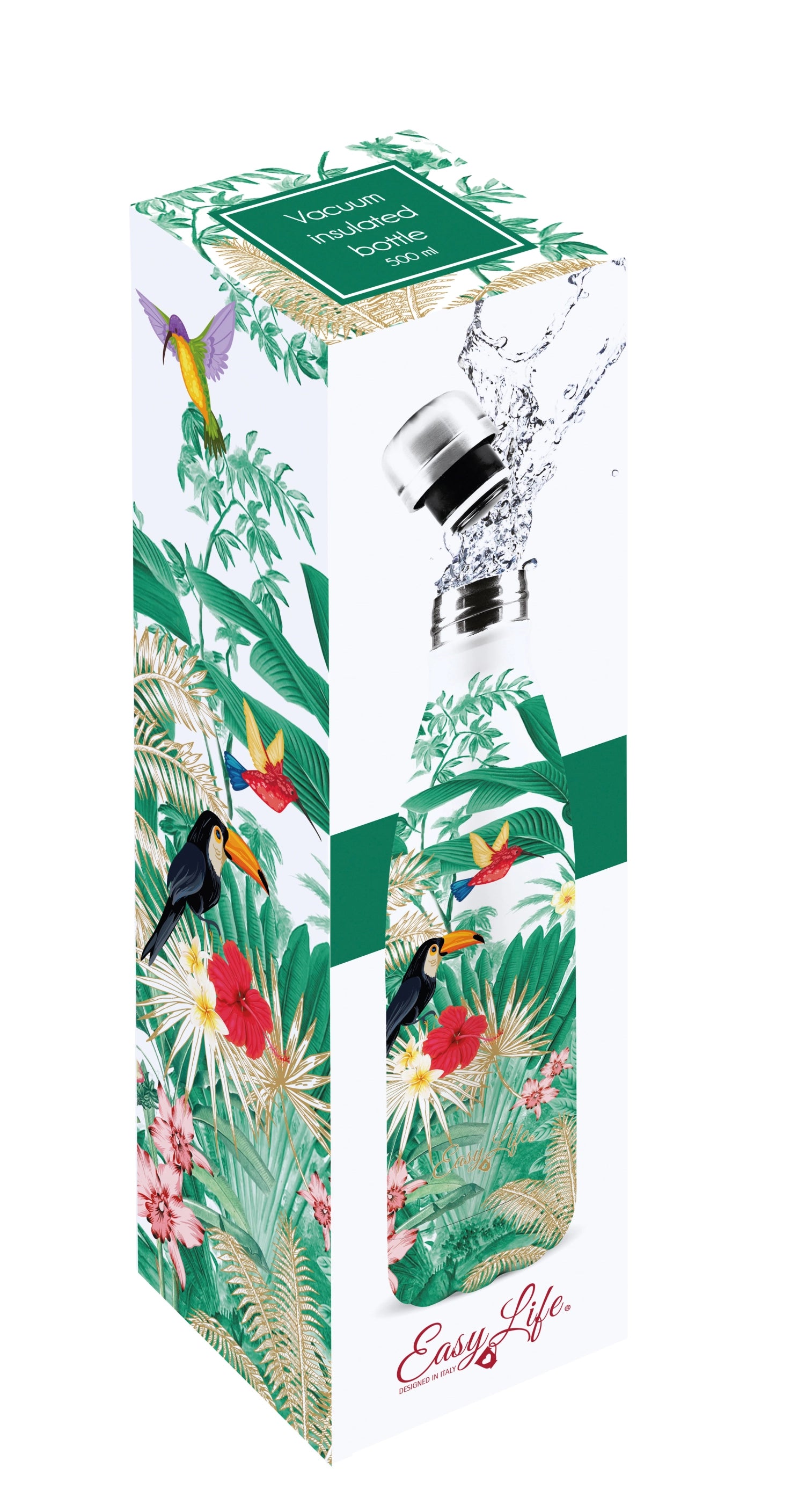 Elegante 500ml Isolierflasche "Exotischer Himmel" von Easy Life. Doppelwandige Edelstahlkonstruktion, ideal für heiße und kalte Getränke, pflegeleicht und nachhaltig.