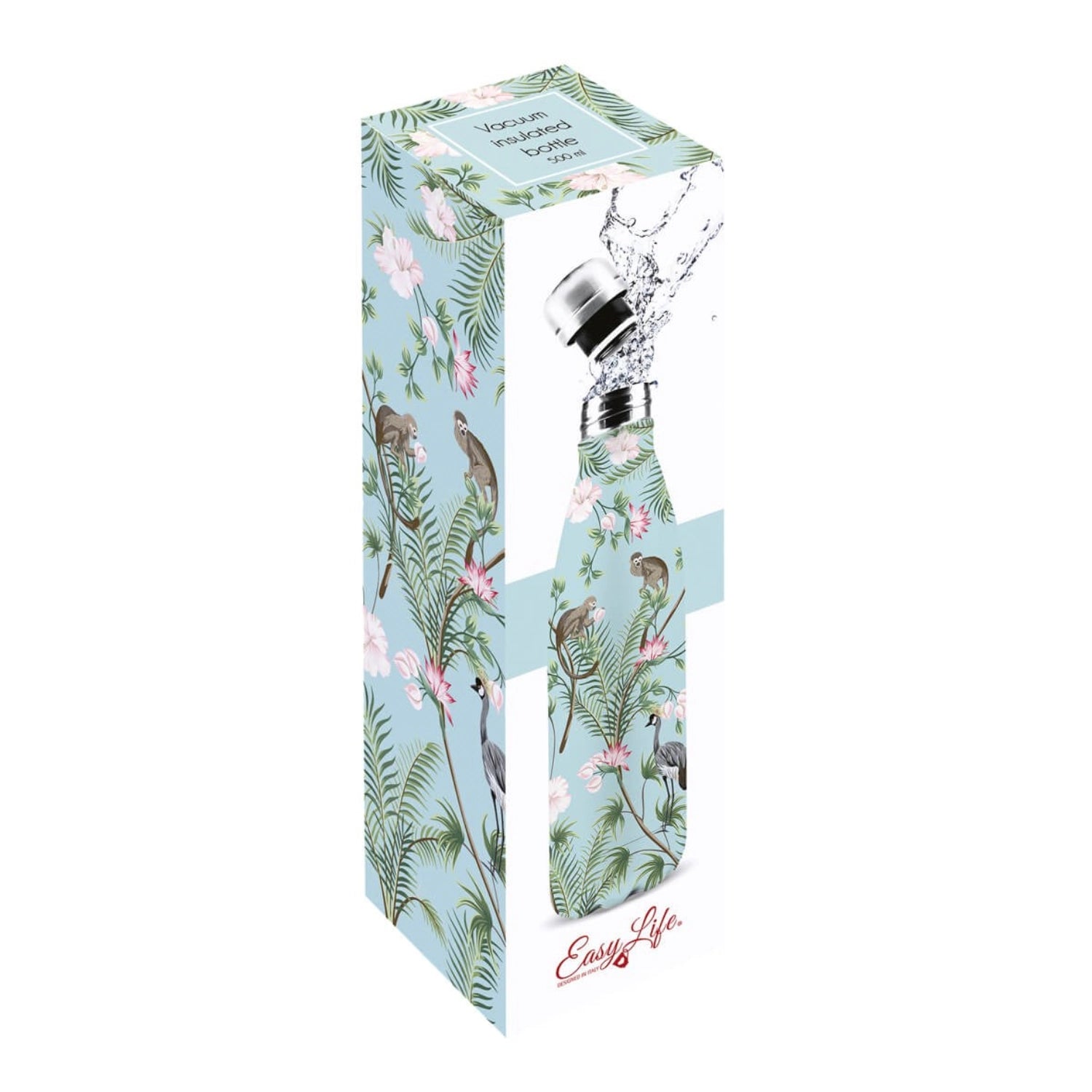Bunte doppelwandige Isolierflasche Wild Tropical von Easy Life, 500ml, ideal für die Erfrischung unterwegs, hält Getränke lange warm oder kalt.