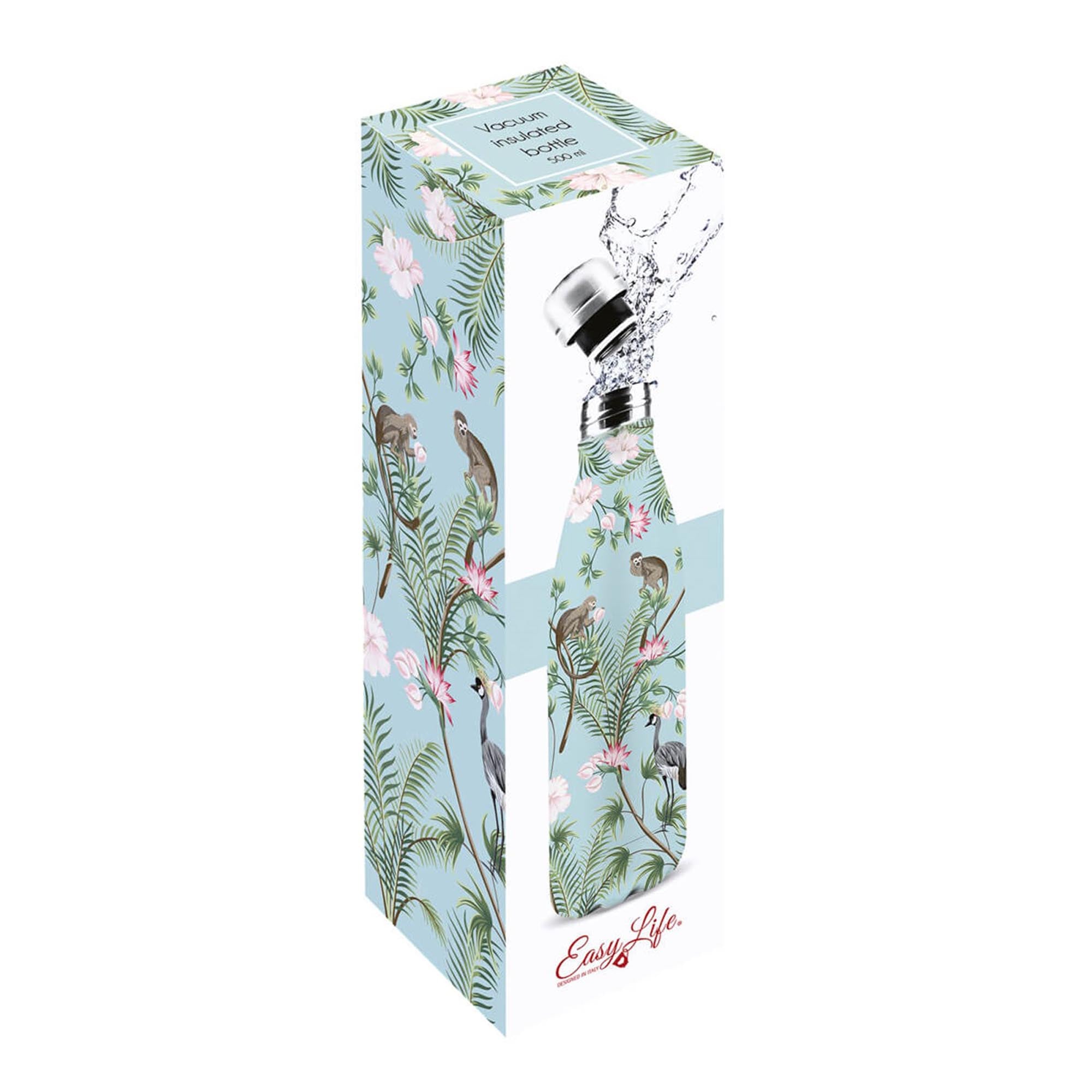 Erleben Sie die Easy Life Isolierflasche 500ml im einzigartigen Wild Tropical Design. Perfekte Isolierung für heiße und kalte Getränke, ideal für unterwegs!