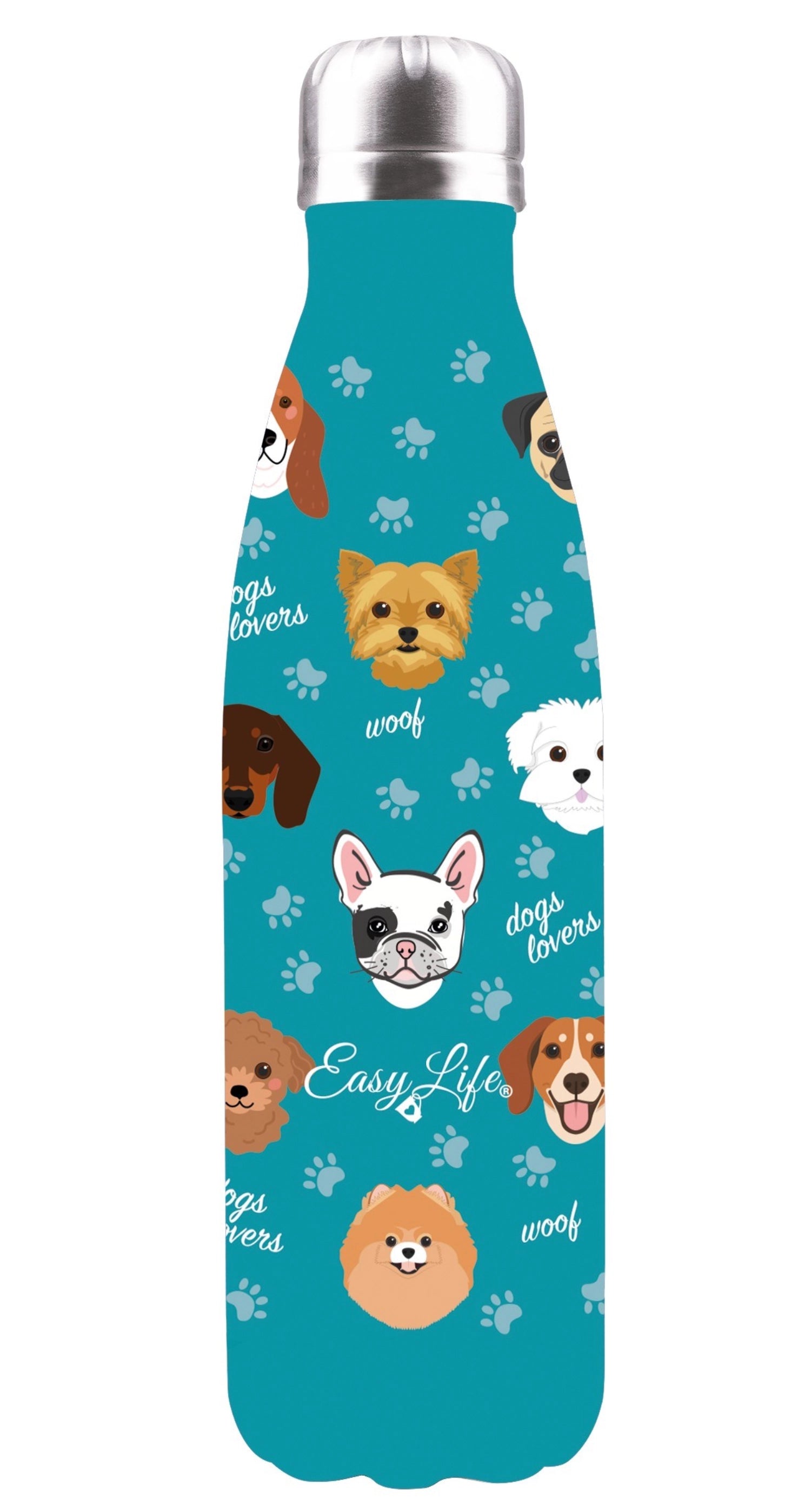 Hochwertige doppelwandige Isolierflasche 500ml mit Hundemotiv von Easy Life. Ideal für heiße und kalte Getränke, spülmaschinengeeignet.