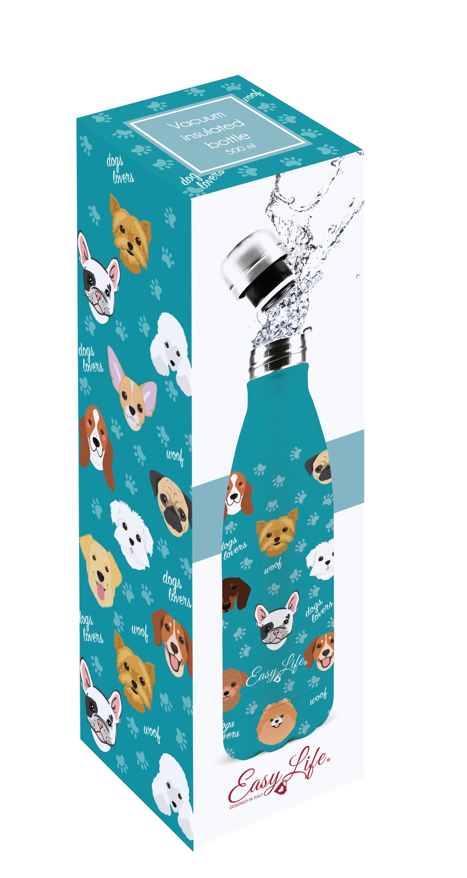 Praktische 500ml Isolierflasche im niedlichen Hundedesign von Easy Life, ideal für die Aufbewahrung von Getränken bei jedem Abenteuer.