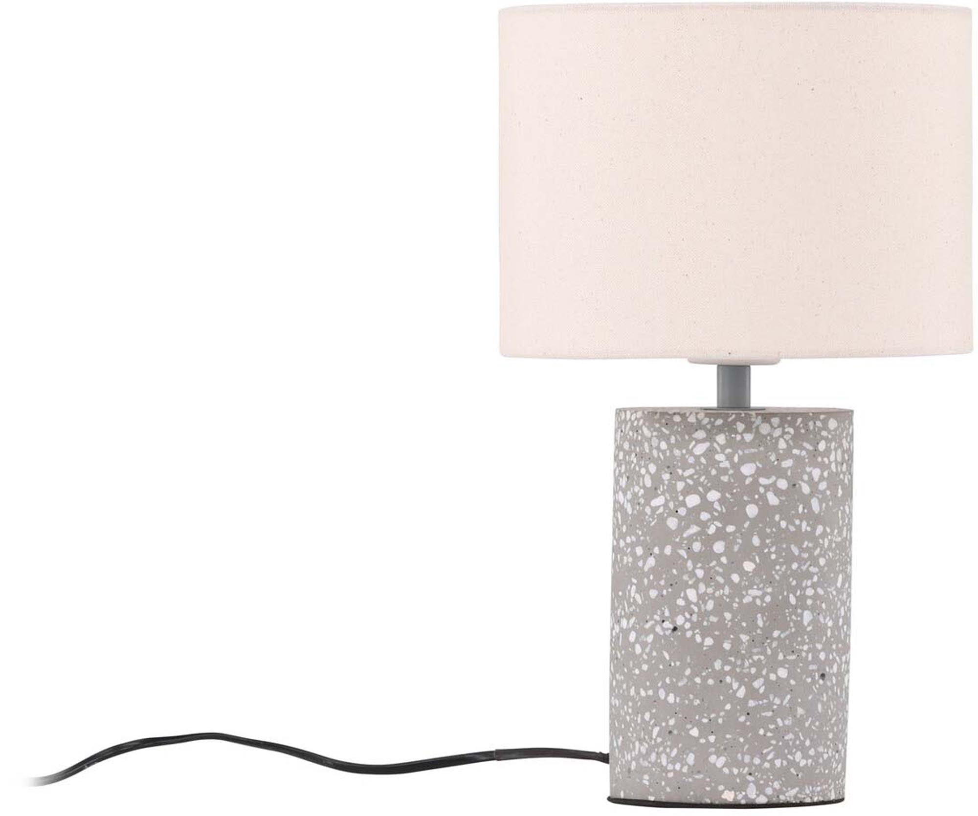 Elegante Dijon Tischleuchte mit grauem Terrazzo-Sockel und beigem Leinenstoffschirm für warmes, gemütliches Licht.