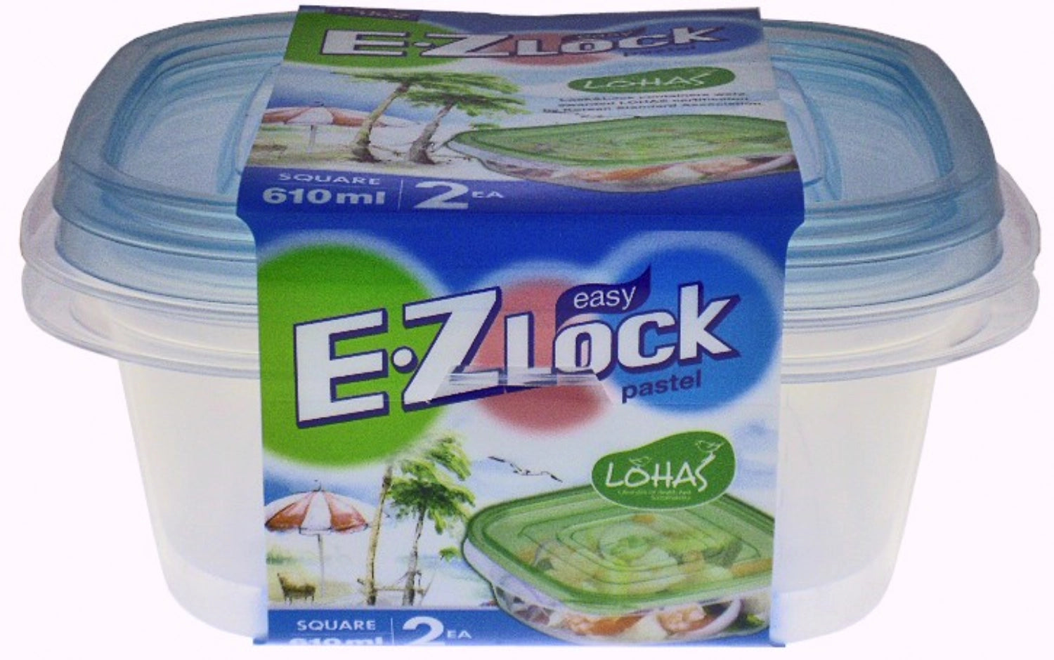 Quadratisches 2er Set EZ Lock Vorratsdosen in sanften Pastellfarben, 0.61l, perfekt für die sichere Aufbewahrung und Ordnung von Lebensmitteln.