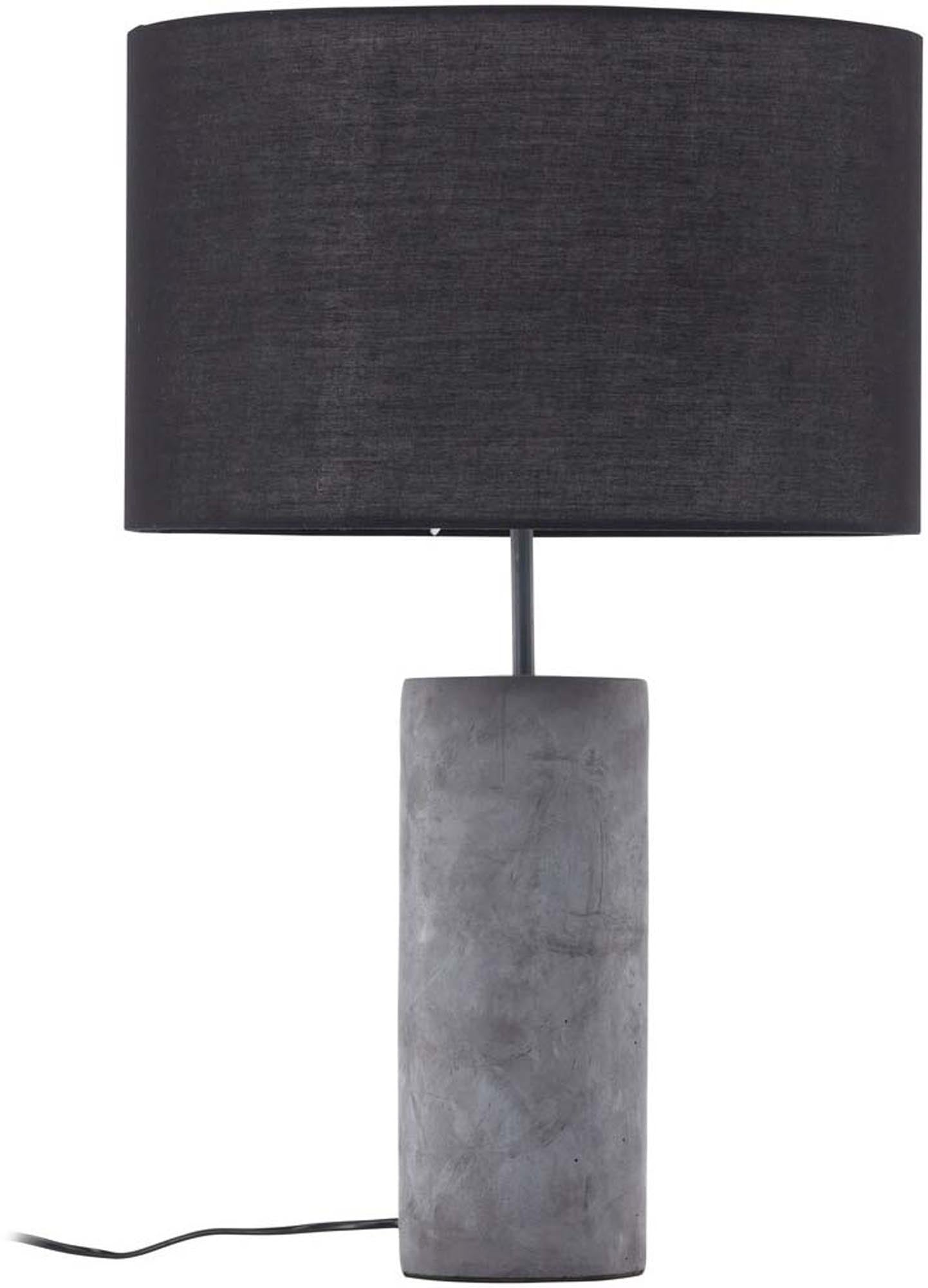 Moderne Tischleuchte Nancy: Betonfuss, grauer Leinen-Lampenschirm.