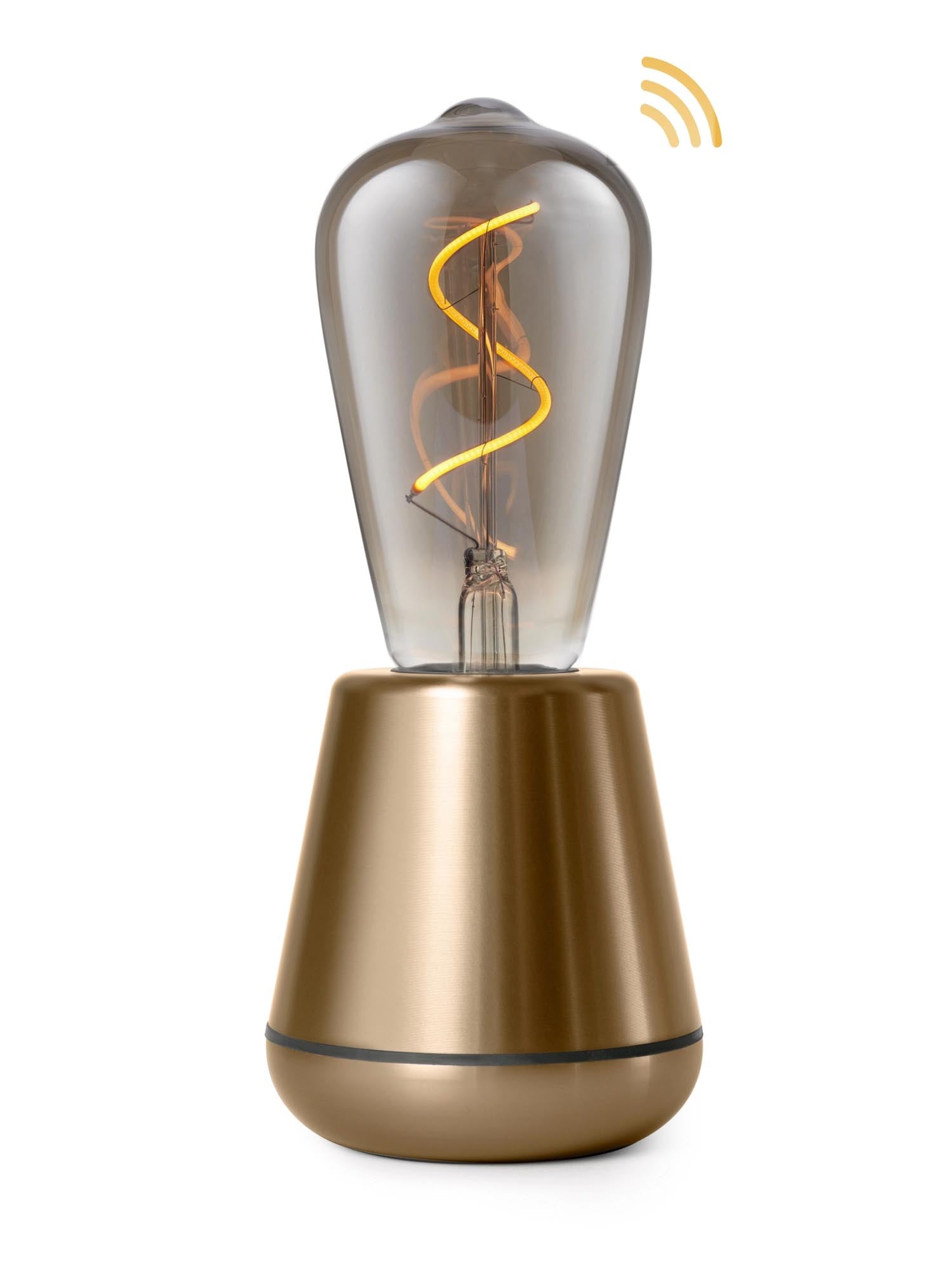 Elegante Tischleuchte in Gold, 19,5x8,5 cm, aus Aluminium und Stahl. LED-Technologie, Touch-Bedienung, warmweisses Licht.