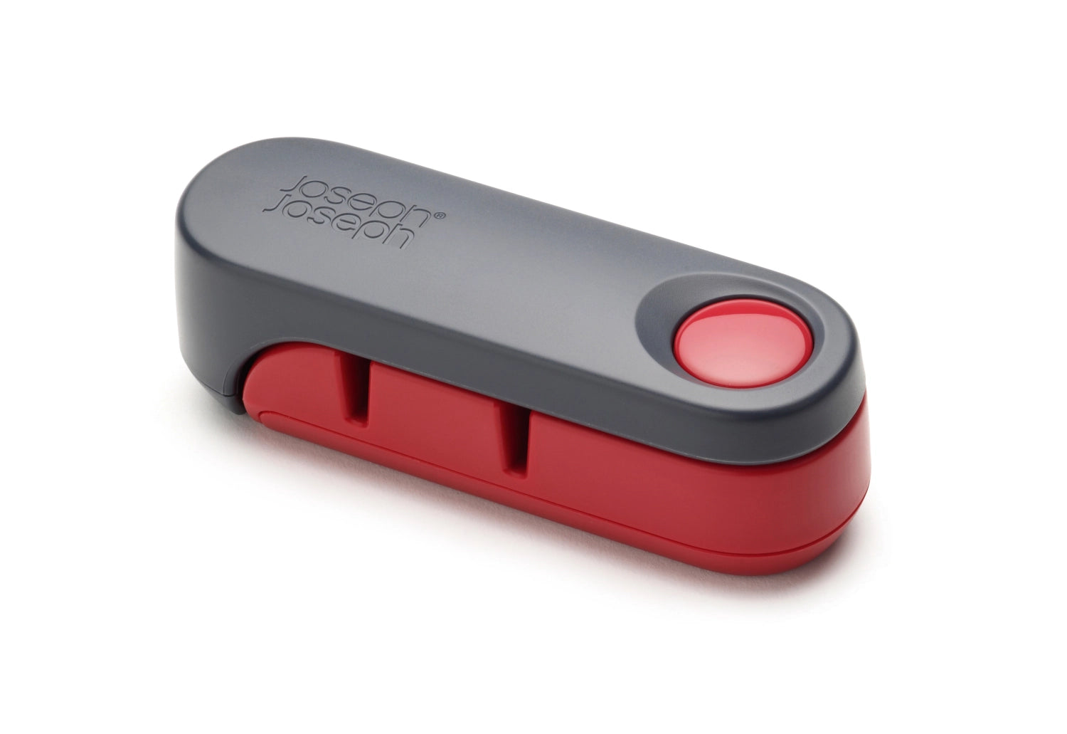 Eleganter Rota Messerschärfer in Rot und Grau von Joseph Joseph, ideal für präzises Schärfen von Küchenmessern und stilvolle Küchenausstattung.