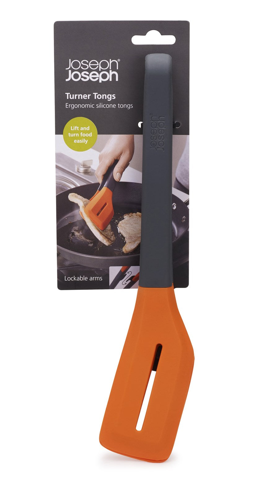 Praktische Wender Zange in Grau-Orange von Joseph Joseph, ideal zum Wenden von Speisen. Hitzebeständig, ergonomisch und spülmaschinenfest.