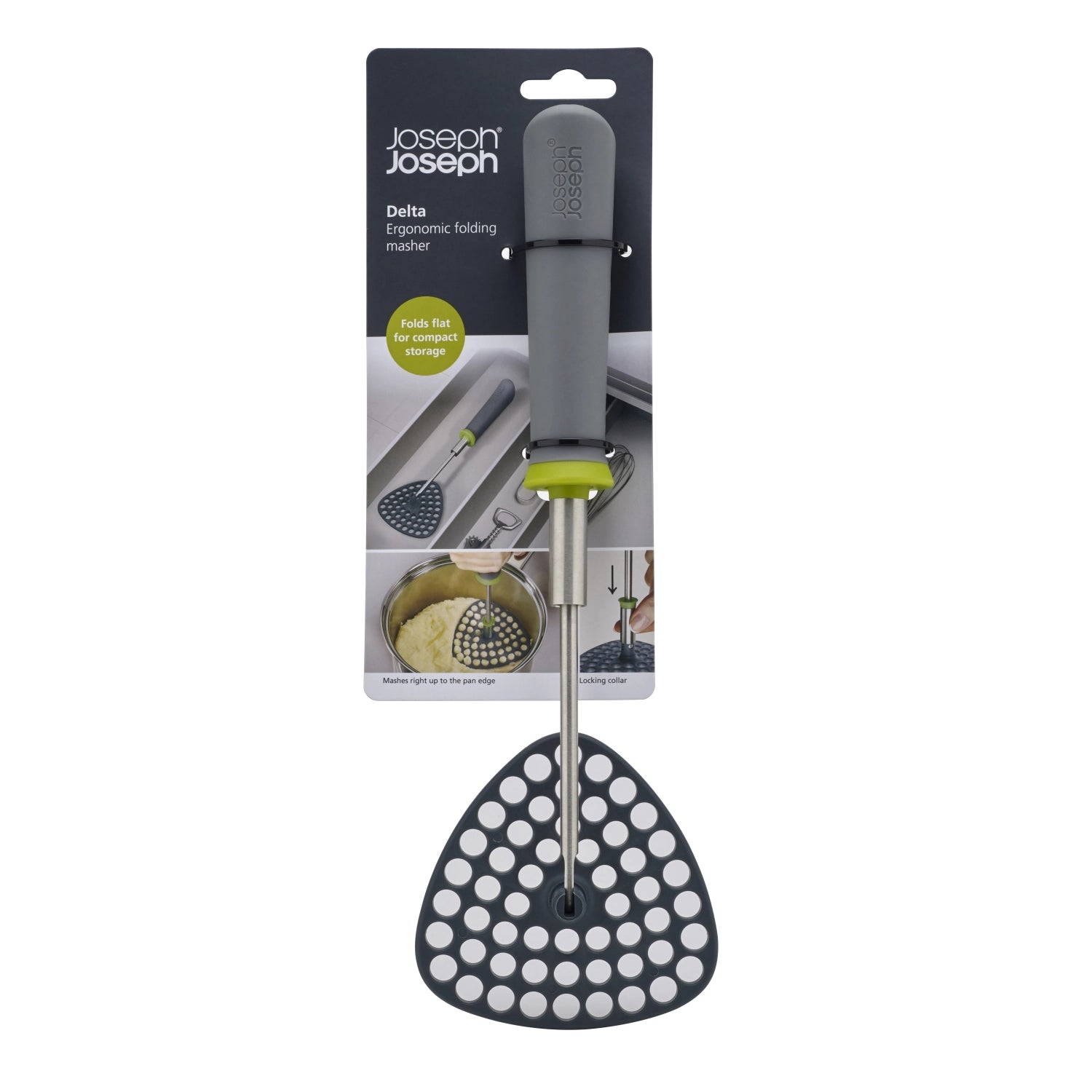 Stylischer Kartoffelstampfer in elegantem grau-grün von Joseph Joseph, 30,5 cm, perfekt zum einfachen Zubereiten von cremigem Püree.
