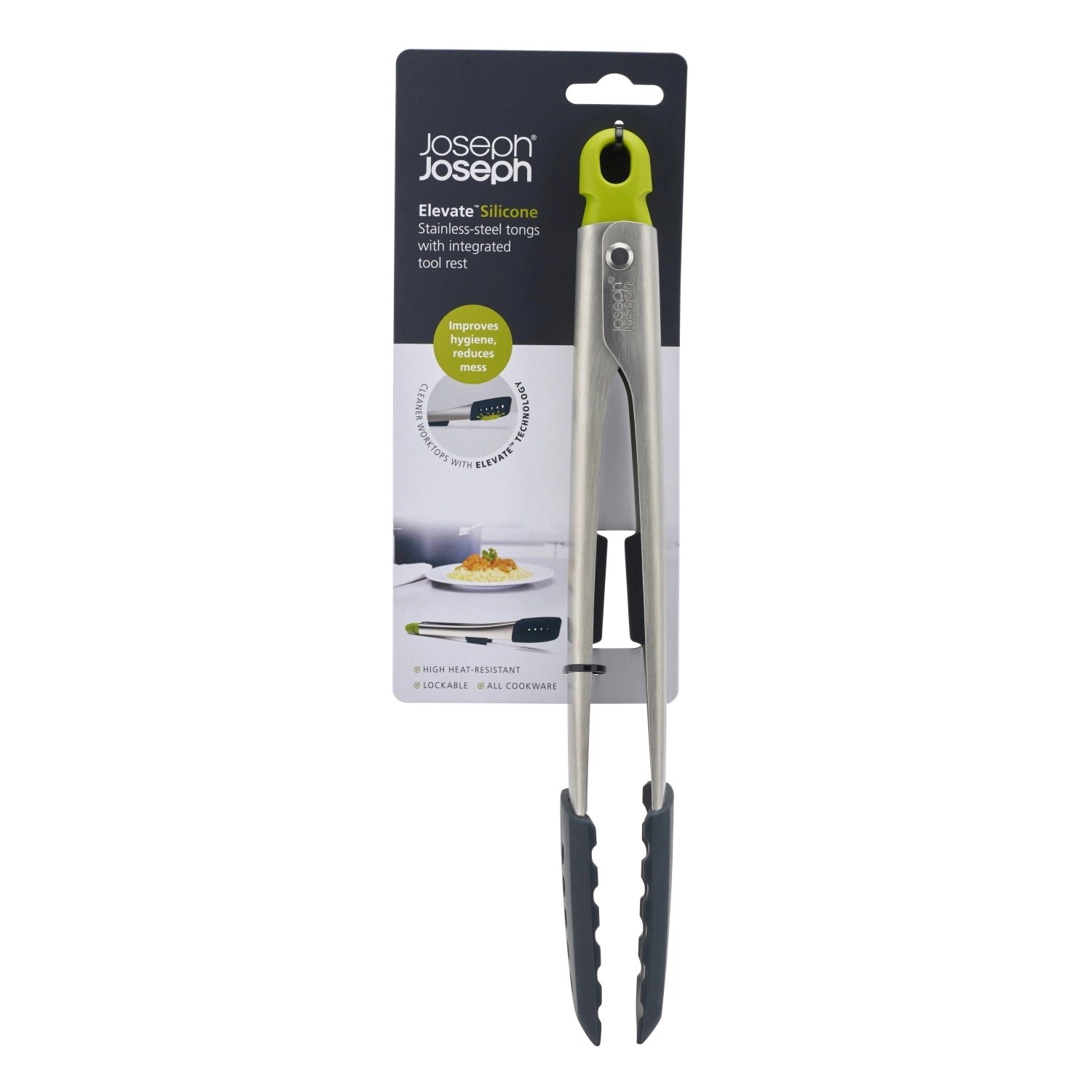 Moderne grüne Silikonzange von Joseph Joseph, 30,5 cm, perfekt für das Greifen und Wenden von Lebensmitteln, mit ergonomischem Design und hitzebeständigem Material.