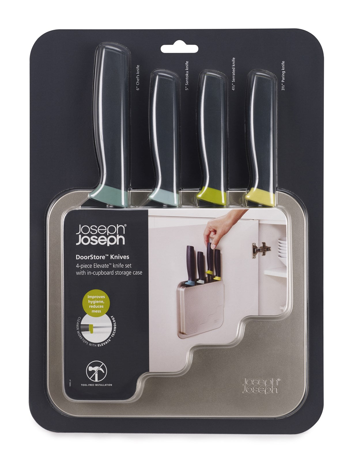 Entdecke das DoorStore Elevate Messer-Set von Joseph Joseph: 4 hochwertige Edelstahlmesser, ergonomisch gestaltet und platzsparend für jede Küche.