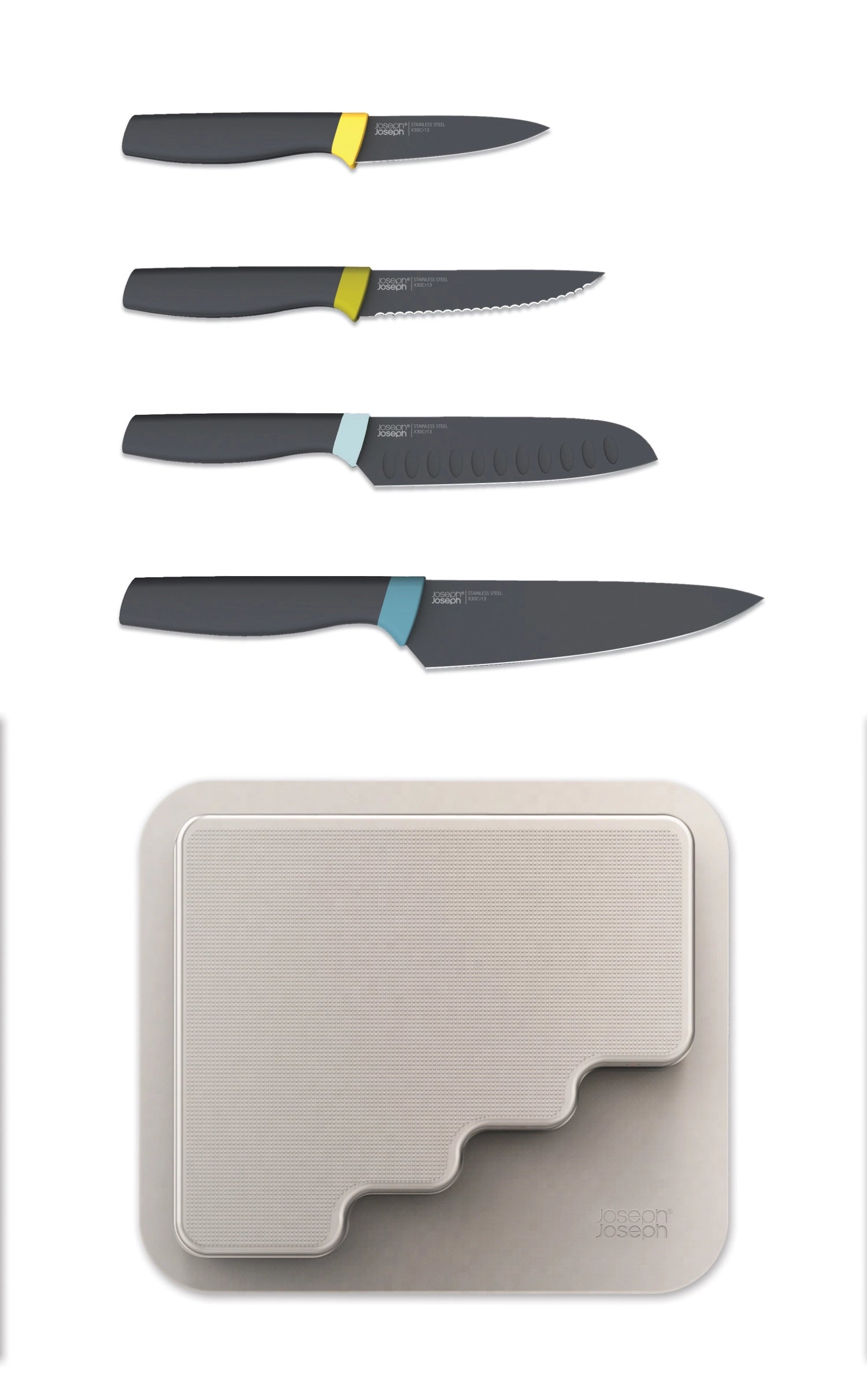 Elegantes 4-teiliges Messer-Set von Joseph Joseph, perfekt für alle Kochbedürfnisse, mit stilvollem Design und praktischen Funktionen.