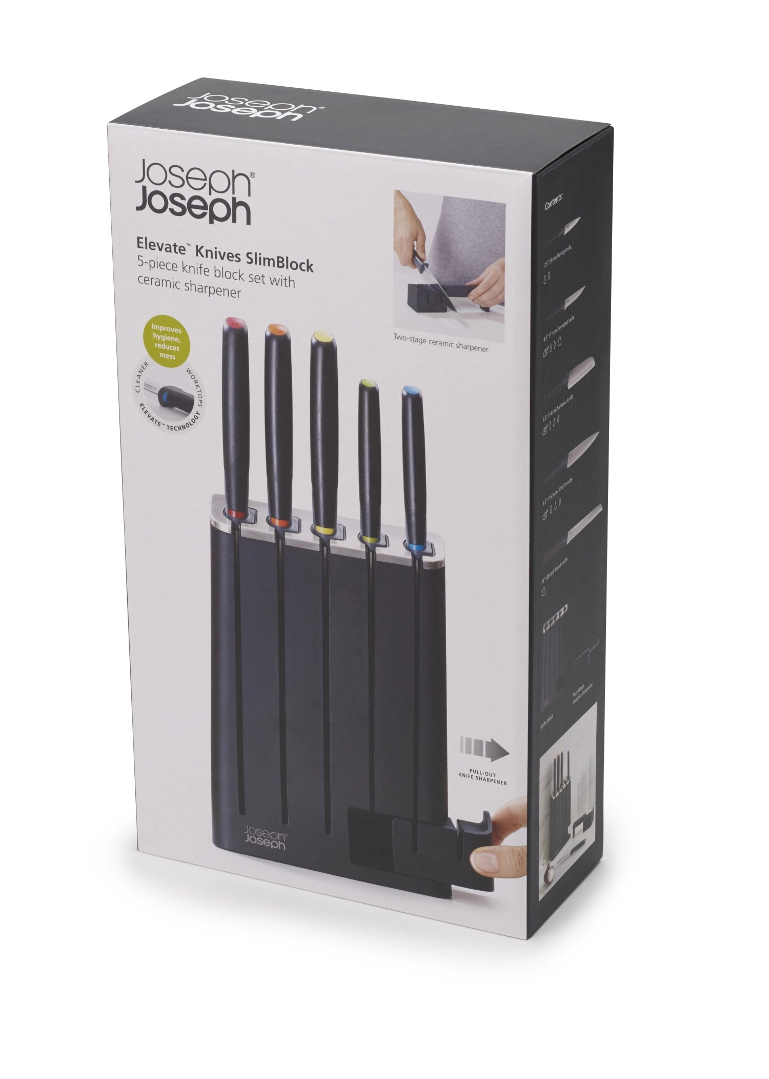 Elegantes 5-teiliges Messerset im kompakten SlimBlock von Joseph Joseph, ideal für stilvolle Küchen und präzises Schneiden.