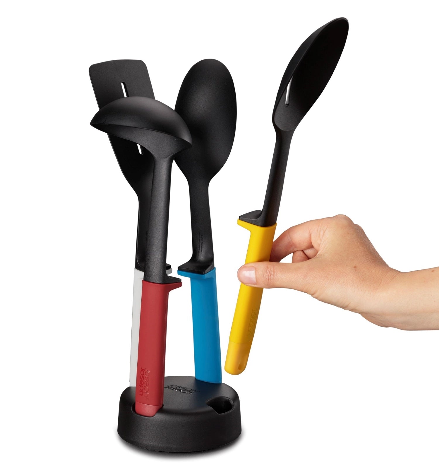 Elegantes 4-teiliges Kochbesteckset von Joseph Joseph, inklusive praktischem Ständer für stilvolle und platzsparende Küchenorganisation.