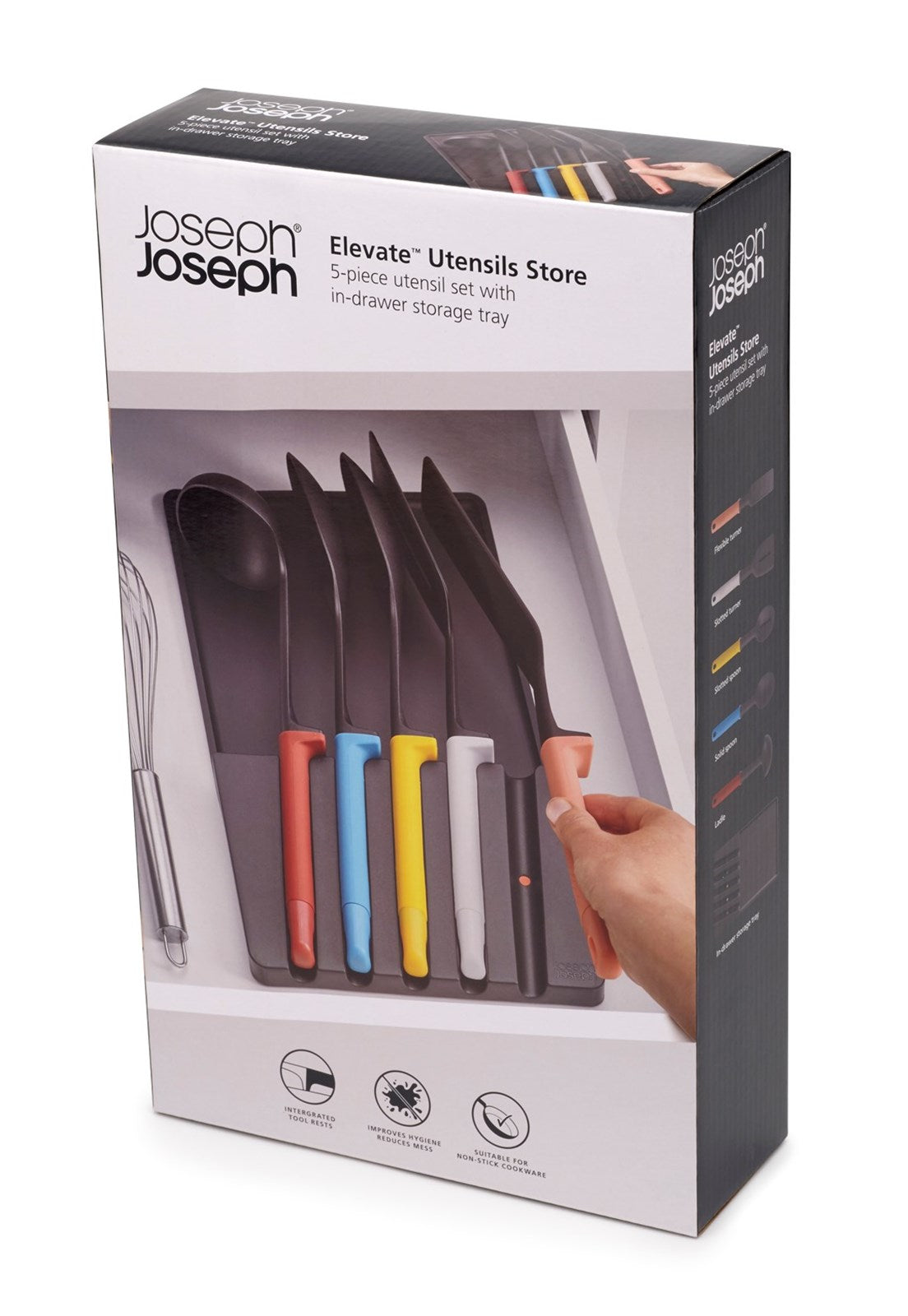 Das Elevate Utensils Set von Joseph Joseph: 5 hitzebeständige, langlebige Polypropylen-Utensilien, platzsparend und spülmaschinenfest.