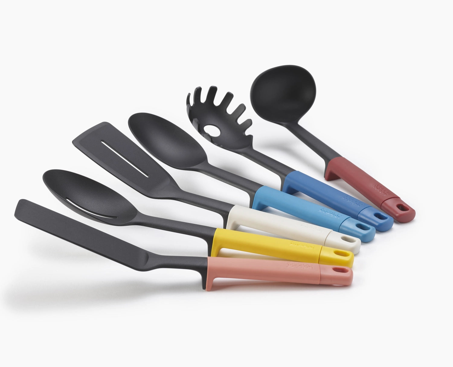 Elegantes 6-teiliges Kochbesteckset von Joseph Joseph mit drehbarem Ständer, ideal für moderne Küchen und vielfältige Kochanwendungen.