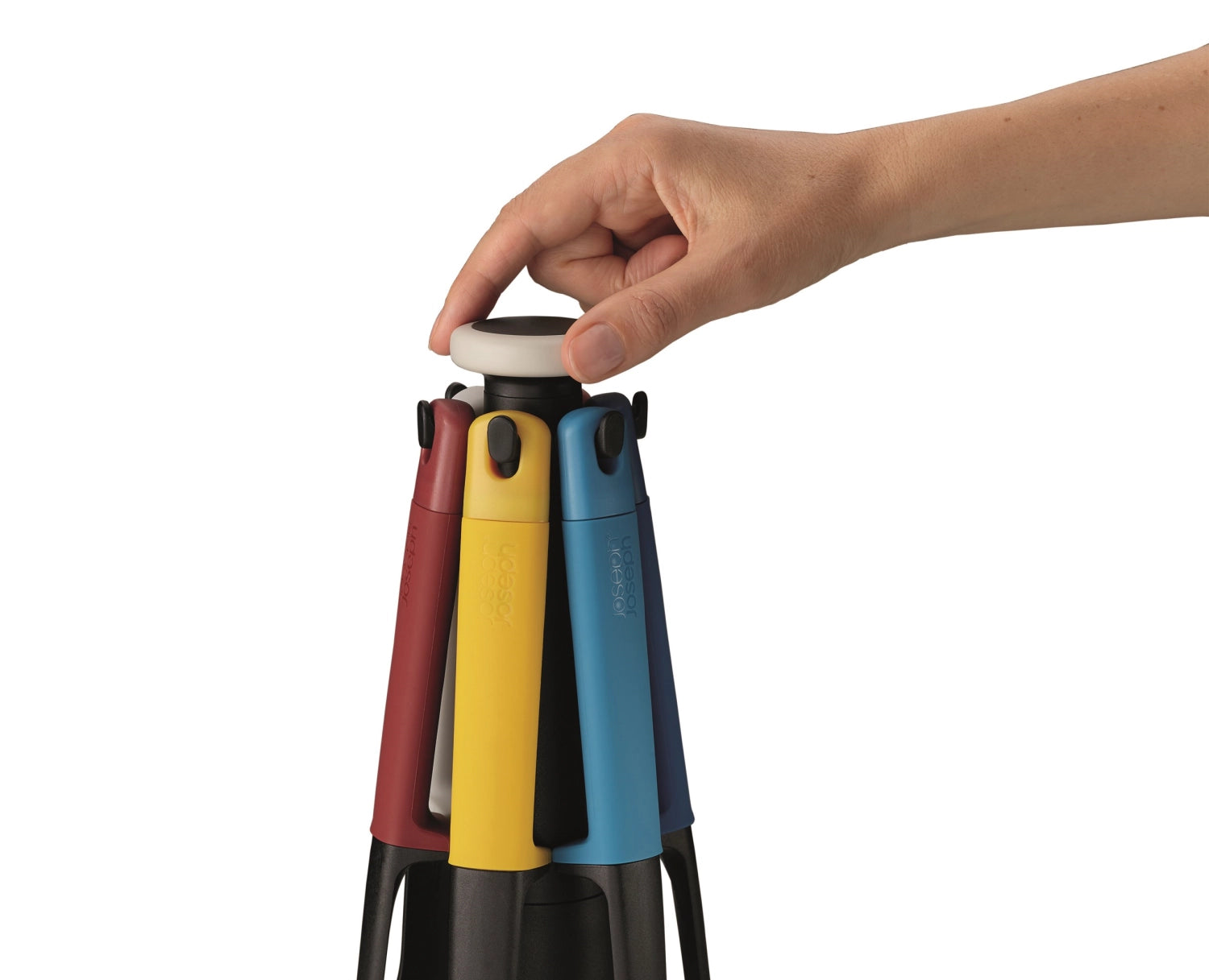 Praktisches 6-teiliges Kochbesteckset von Joseph Joseph mit drehbarem Aufbewahrungsständer, perfekt für stilvolle Küchen und vielseitige Kochbedürfnisse.