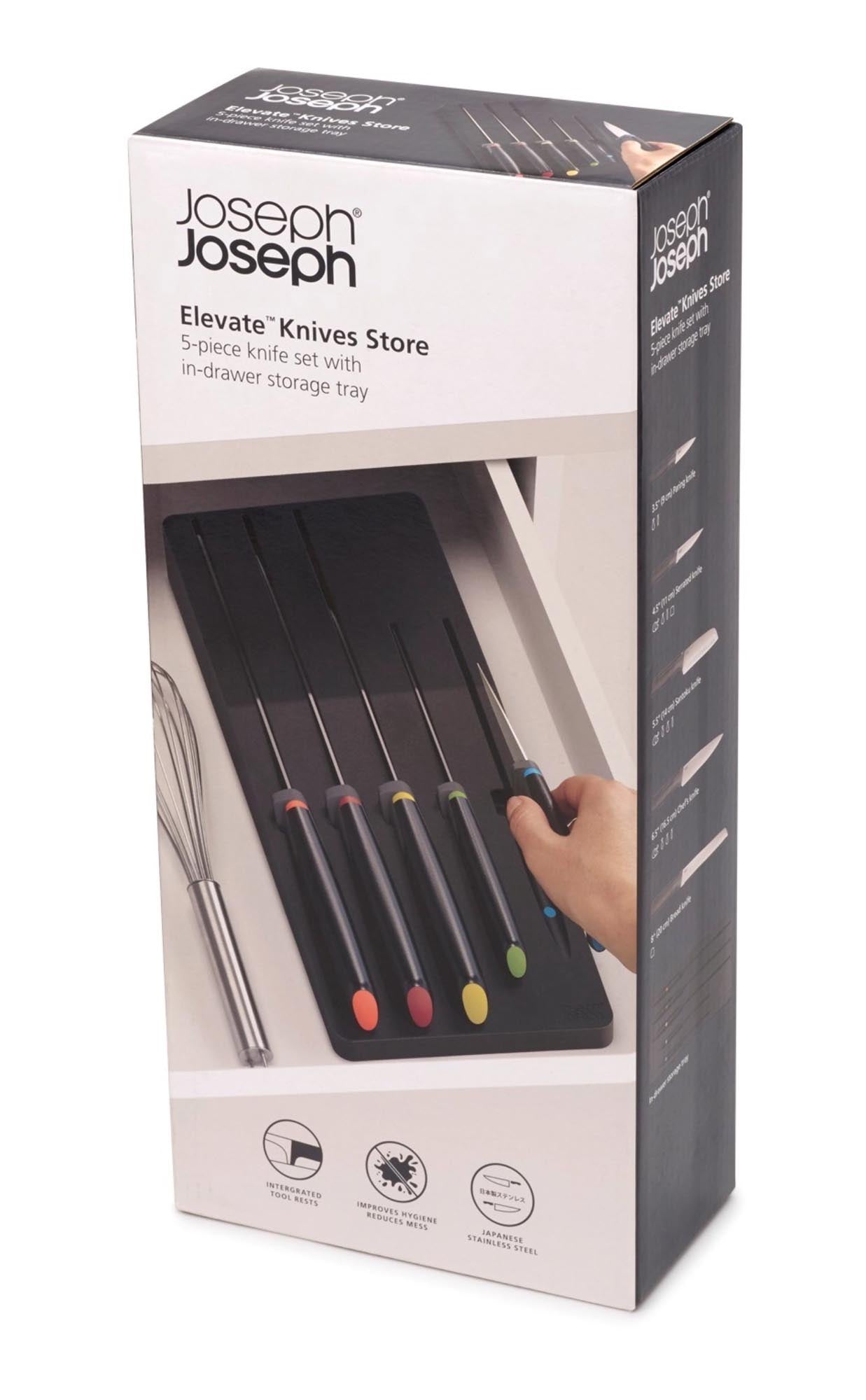 Entdecken Sie das 5-teilige Messer-Set von Joseph Joseph: langlebige Edelstahlklingen, ergonomisches Design und platzsparende Schubladenaufbewahrung.