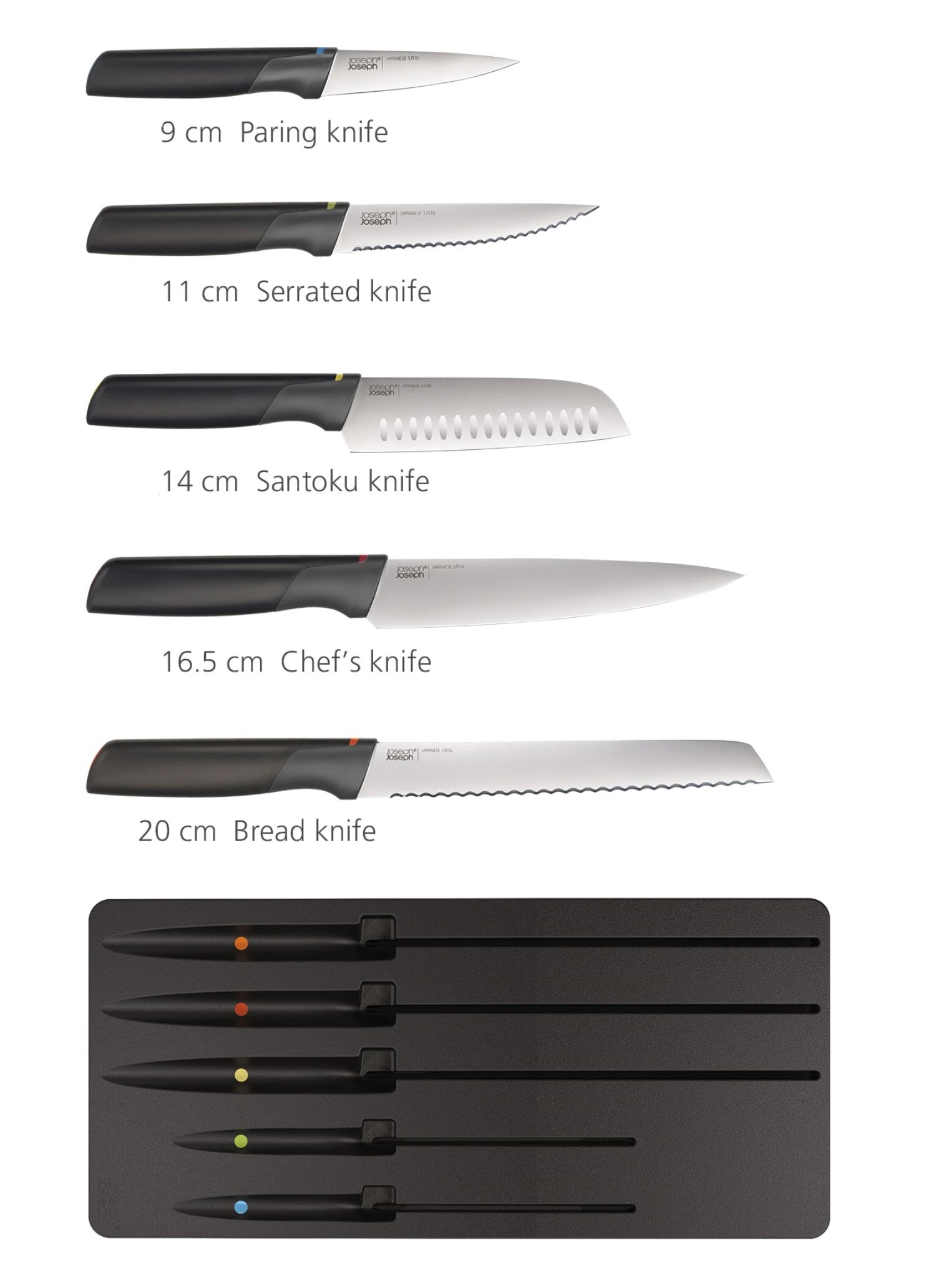 Hochwertiges 5-teiliges Messer-Set von Joseph Joseph, ideal für effizientes Schneiden und stilvolle, kompakte Aufbewahrung in der Küche.