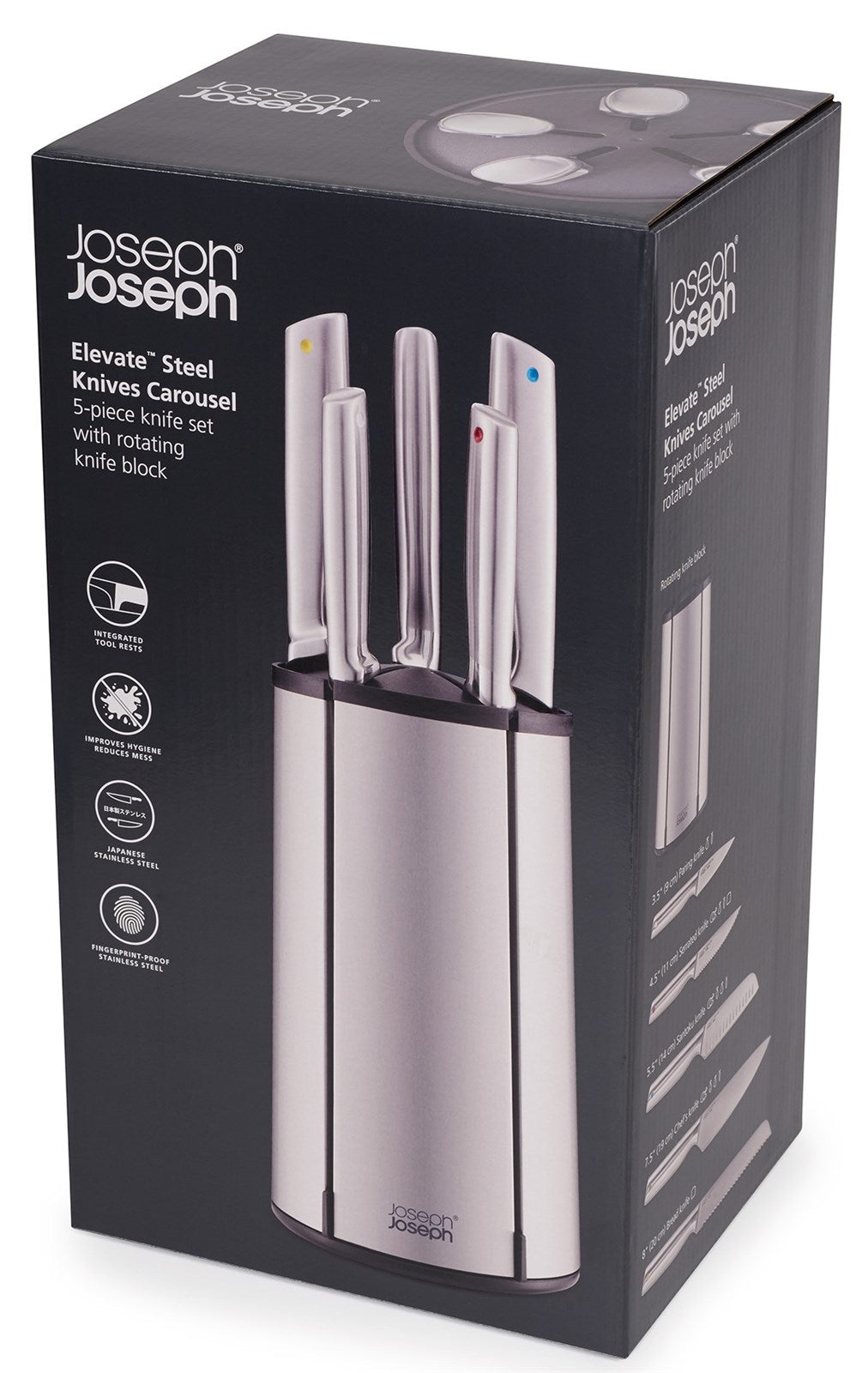 Entdecken Sie das Elevate Edelstahl 5 tlg. Messerkarussell von Joseph Joseph – stilvoll, langlebig und perfekt für jede moderne Küche.