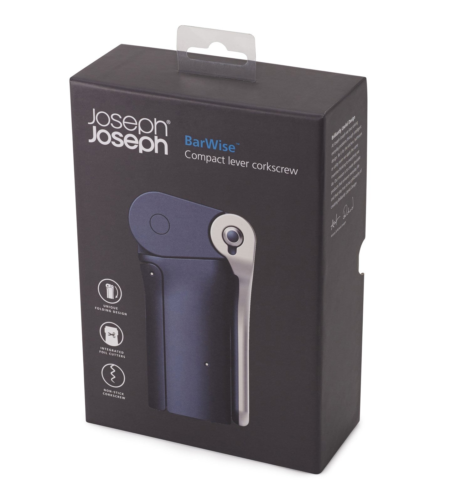 Entdecken Sie den BarWise Hebelkorkenzieher von Joseph Joseph – ein elegantes, langlebiges Werkzeug für müheloses Öffnen von Weinflaschen.