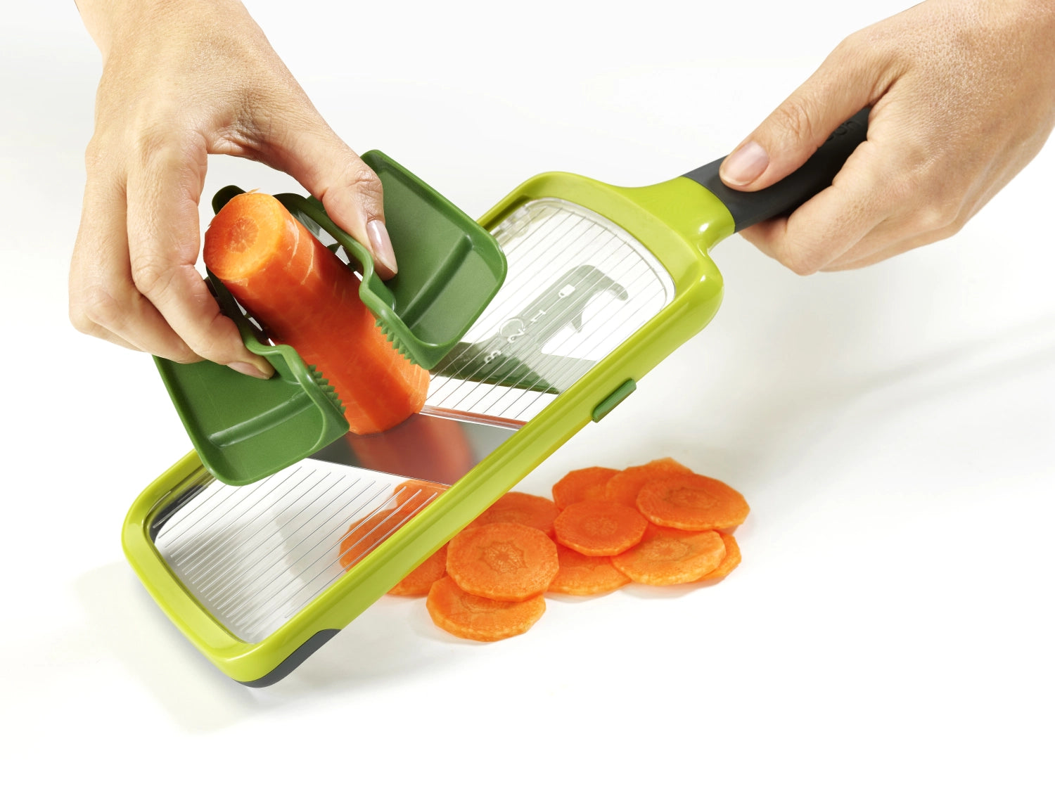 Multi -grip mandolin with precise grocery handle - green