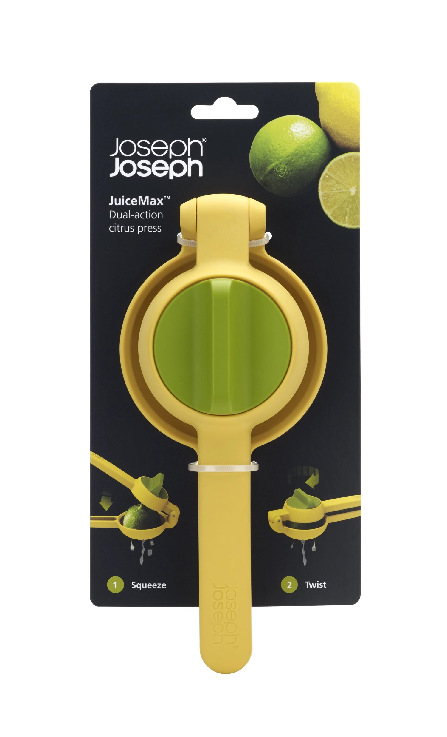 Elegante JuiceMax Zitronenpresse von Joseph Joseph, ideal für müheloses Auspressen von Zitronen und Limetten mit cleverer Funktionalität.