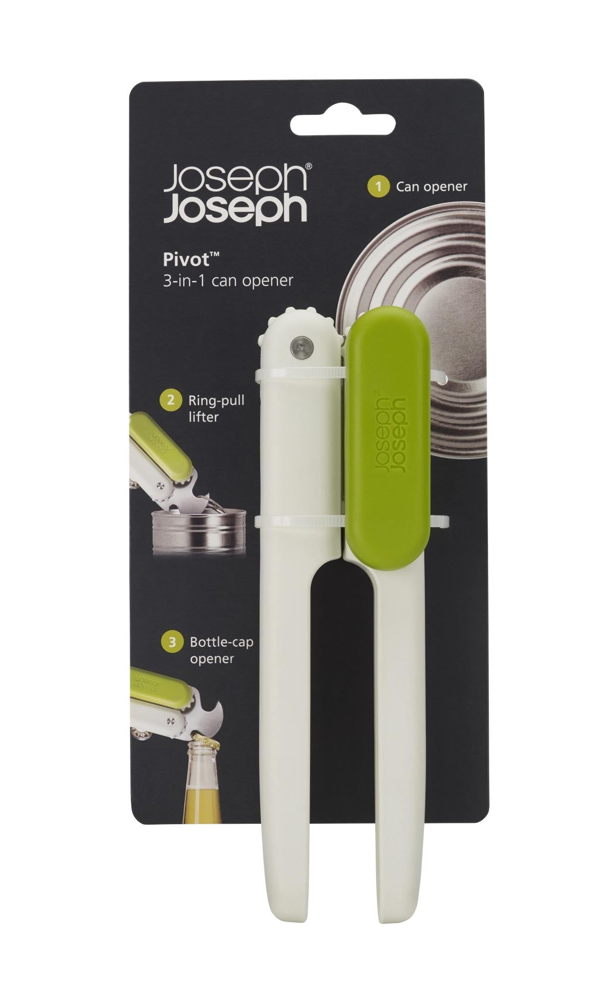 Der Pivot 3-in-1 Dosenöffner von Joseph Joseph: Öffnet Dosen, Kapseln und Ringdeckel mühelos. Ergonomisch, langlebig, stilvoll und kompakt.
