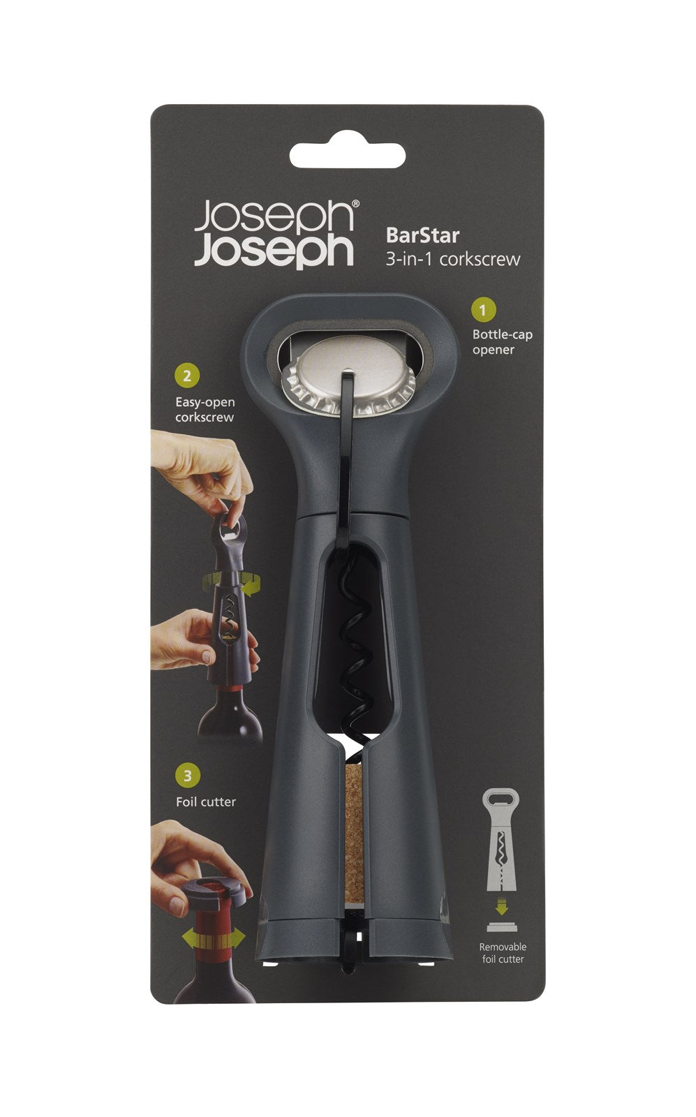 Entdecken Sie den BarStar 3-in-1 Korkenzieher von Joseph Joseph – das perfekte Barzubehör für stilvolles Öffnen von Flaschen und Korken!