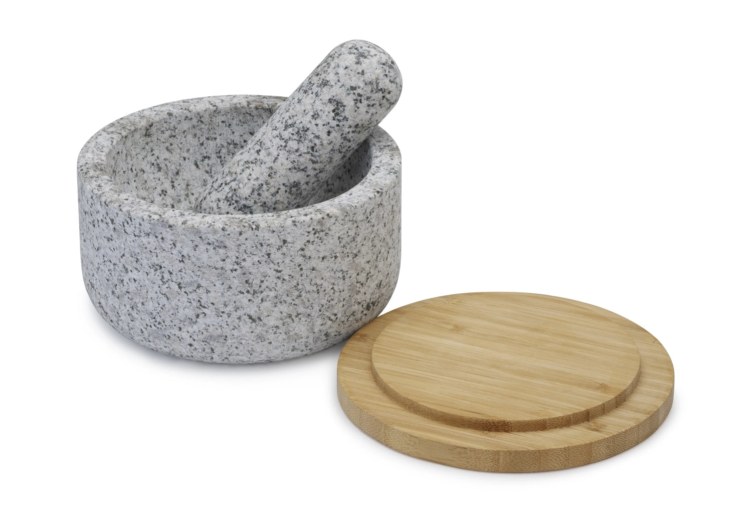 Robuster Mörser aus Granit mit passendem Bambusdeckel von Joseph Joseph, perfekt zum Zerkleinern von Gewürzen und Kräutern.