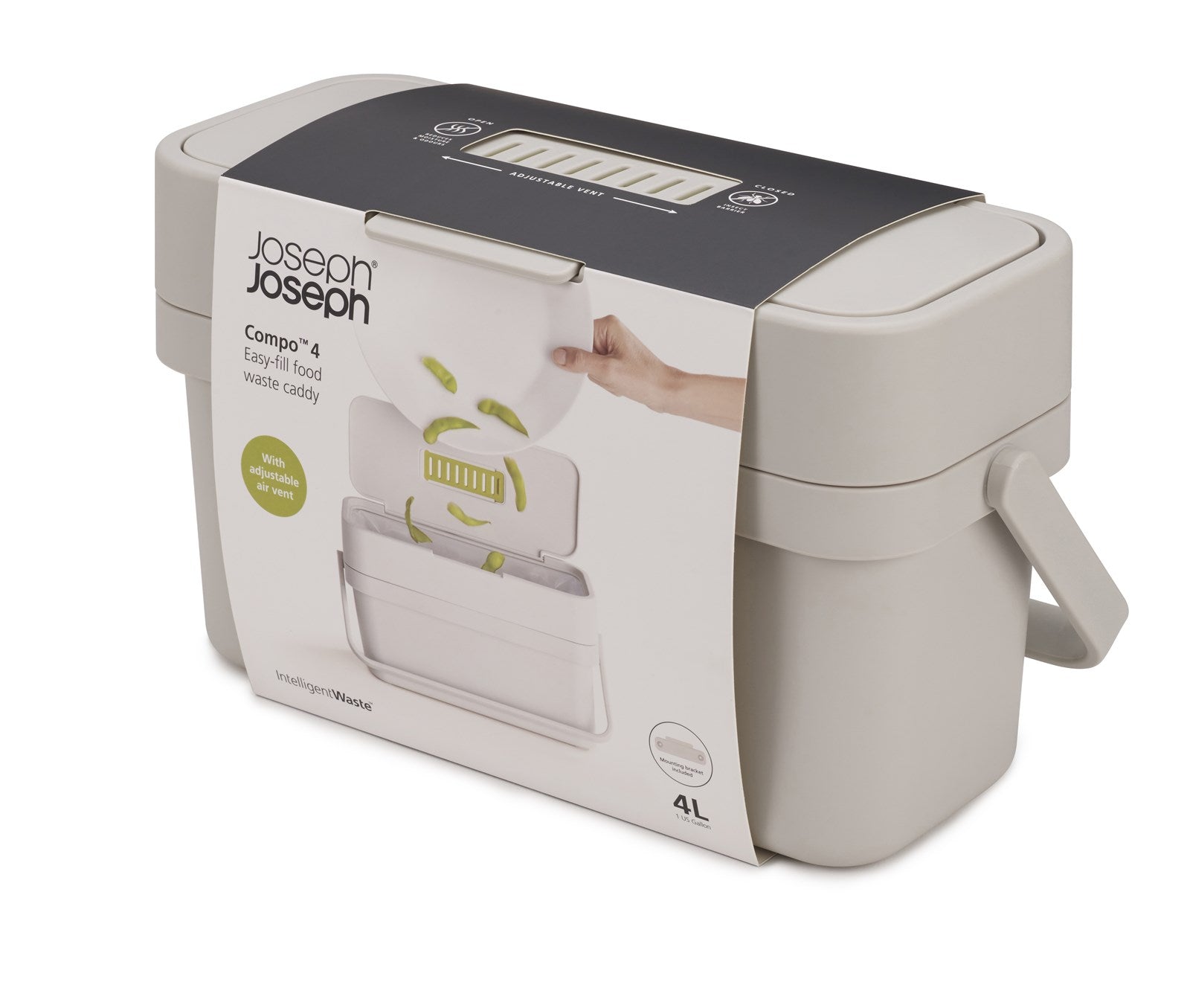 Kompakter 4l Kompostbehälter von Joseph Joseph in Sandfarbe. Ideal für organische Abfälle, robust und stilvoll für jeden Garten.