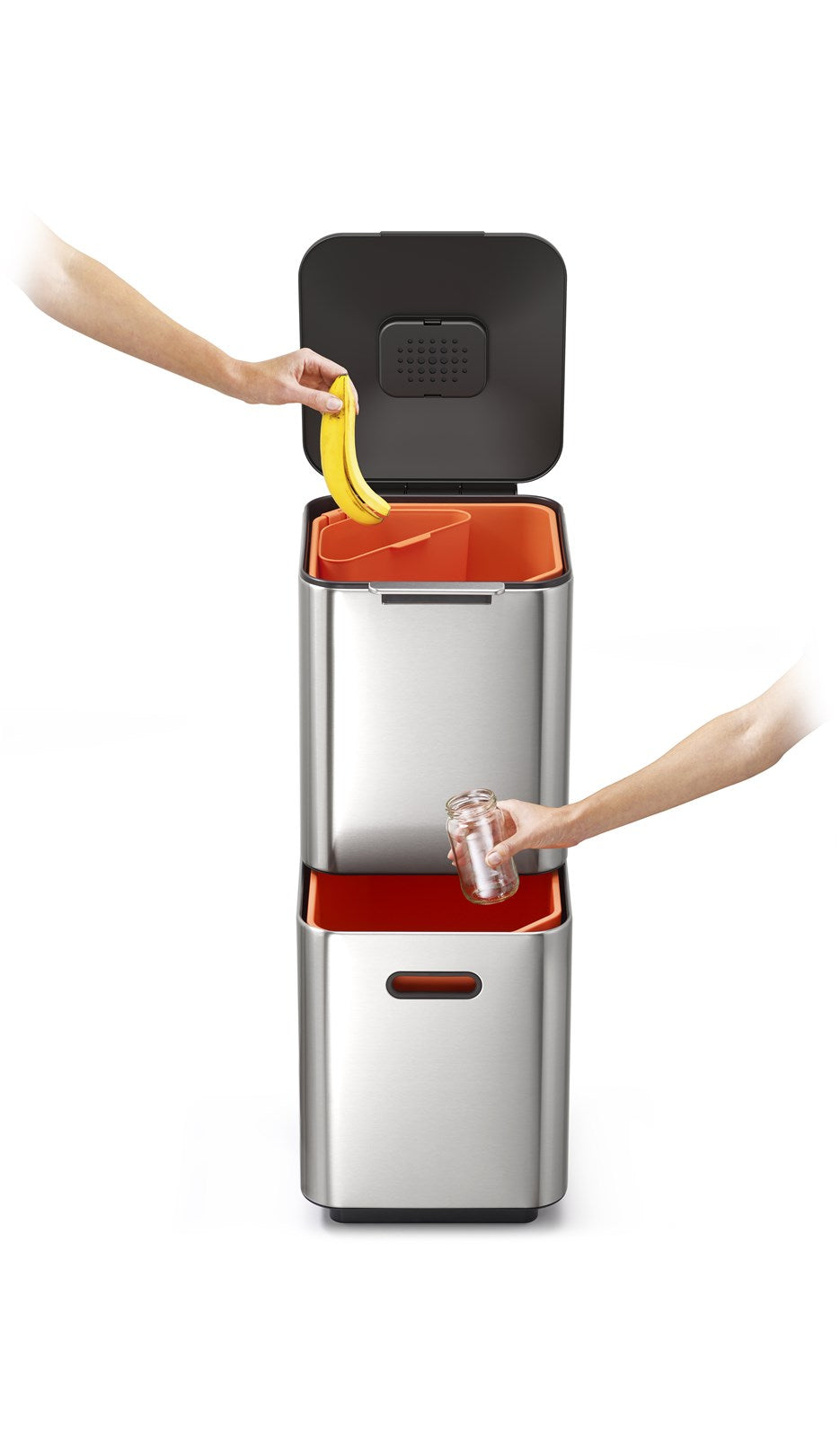 Der Totem Compact 40L von Joseph Joseph vereint stilvolles Edelstahl-Design mit praktischer Mülltrennung für nachhaltige Lebensstile.