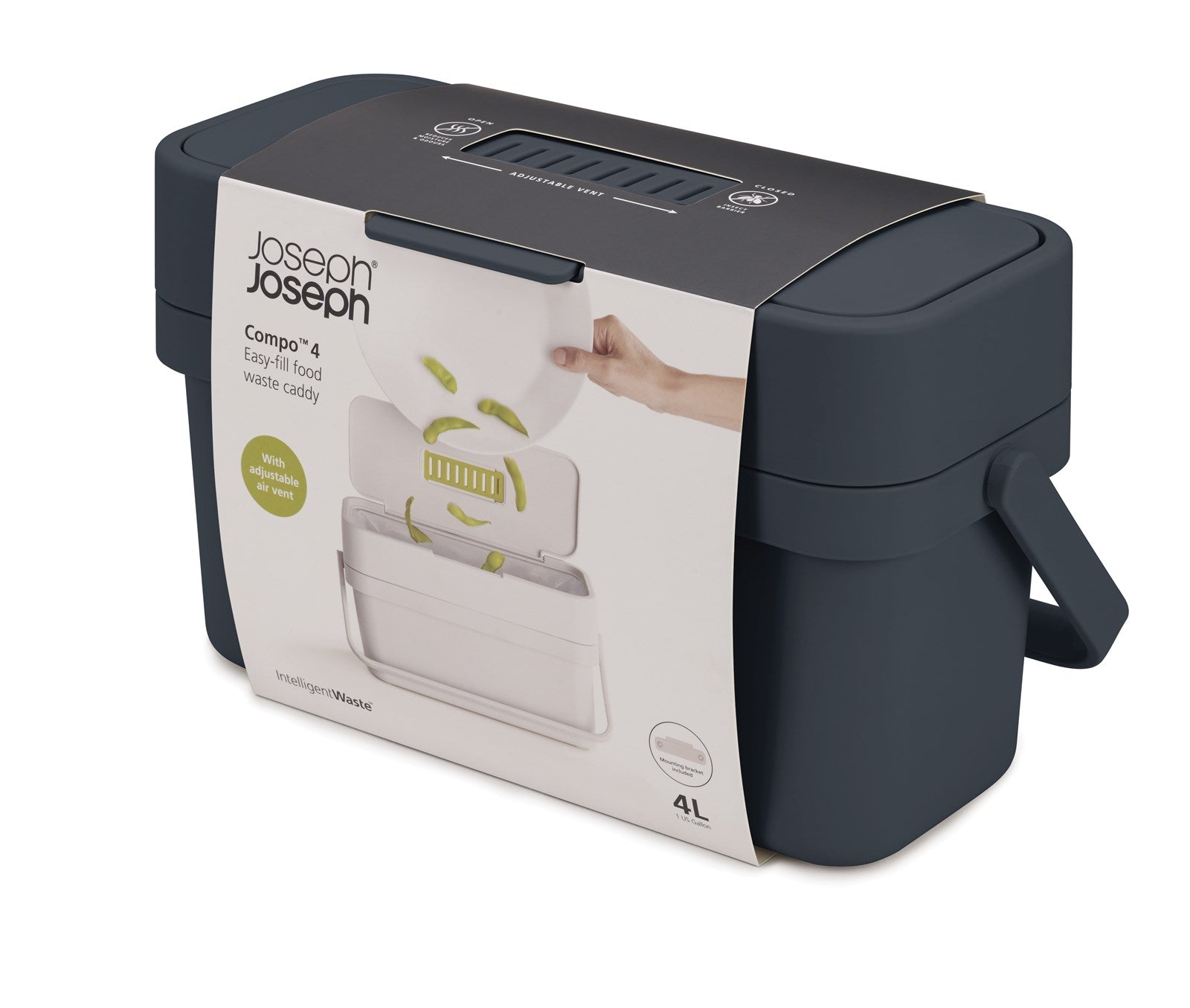 Der elegante Compo 4l Kompostbehälter von Joseph Joseph in Graphit bietet eine praktische Lösung für organische Abfälle. Robust und platzsparend, ideal für jeden Außenbereich.