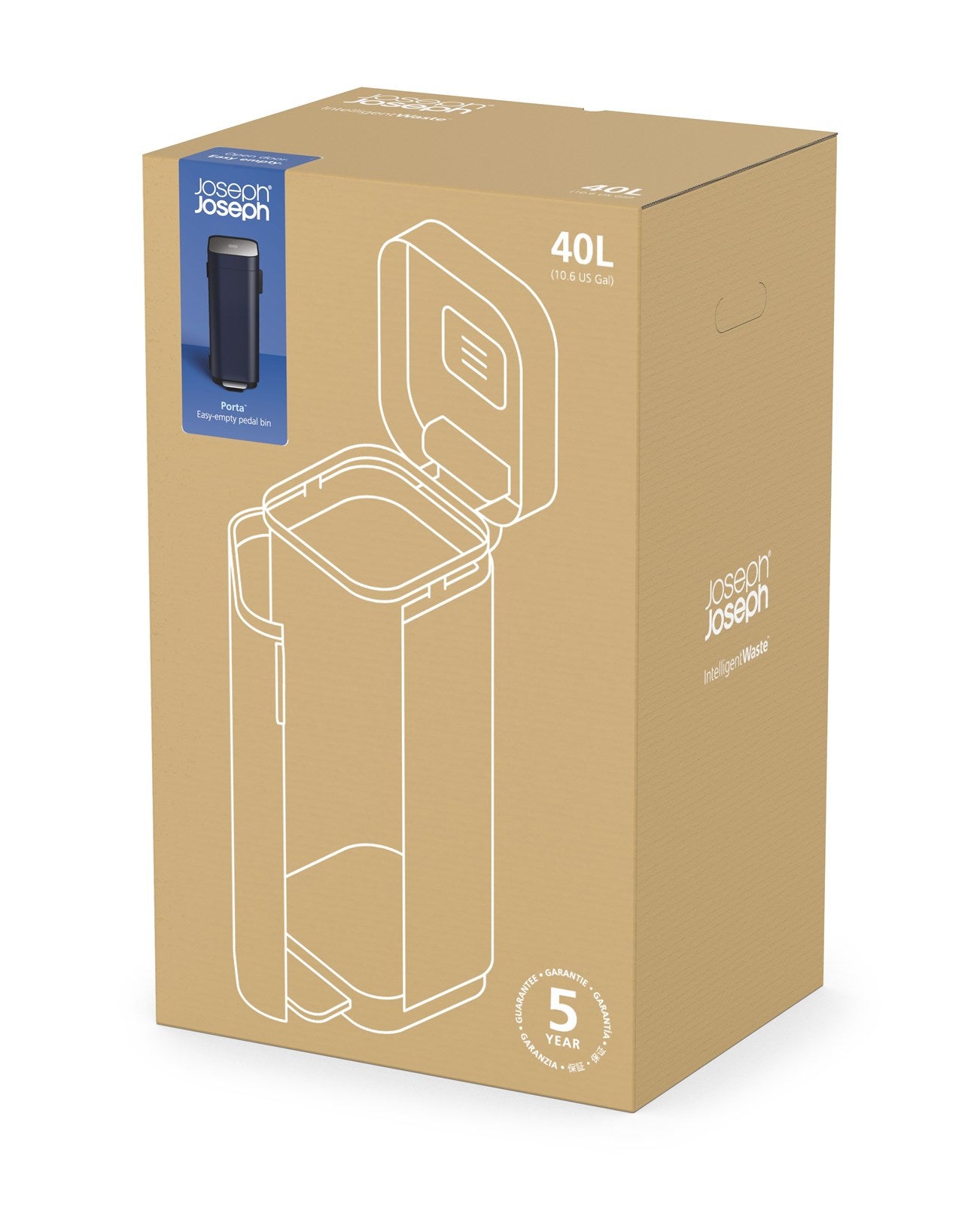 Entdecken Sie den stilvollen Porta 40L Abfallbehälter in Midnight Blue von Joseph Joseph – ideal für müheloses Entsorgen mit Fußpedal.