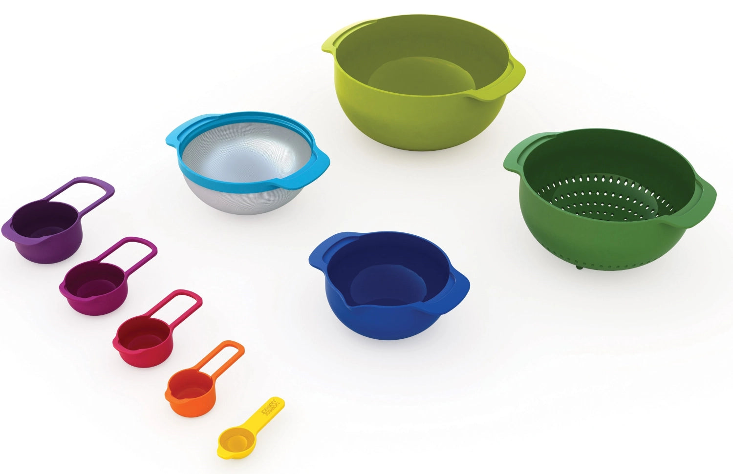 Vielseitiges 9-teiliges Set aus Schüsseln und Messlöffeln von Joseph Joseph, ideal für präzises Abmessen und platzsparende Aufbewahrung in der Küche.
