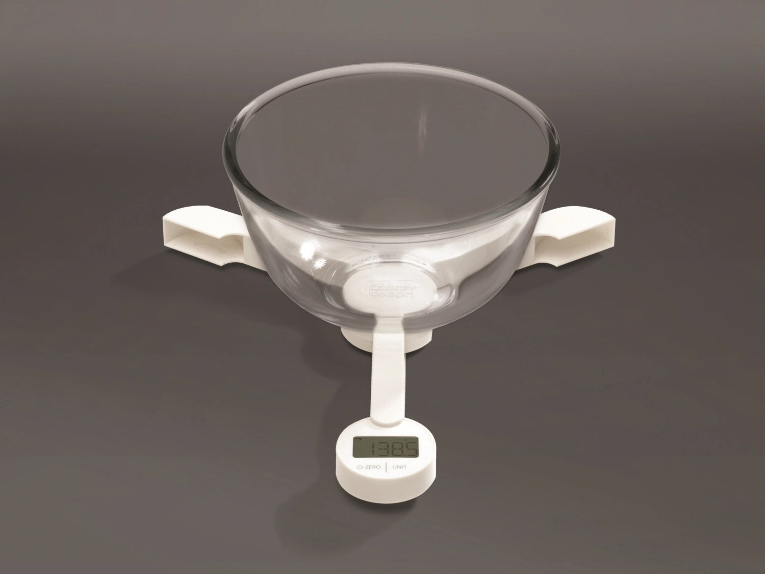 Moderne, kompakte Küchenwaage in elegantem Weiß von Joseph Joseph, perfekt für präzise Messungen und einfache Handhabung.