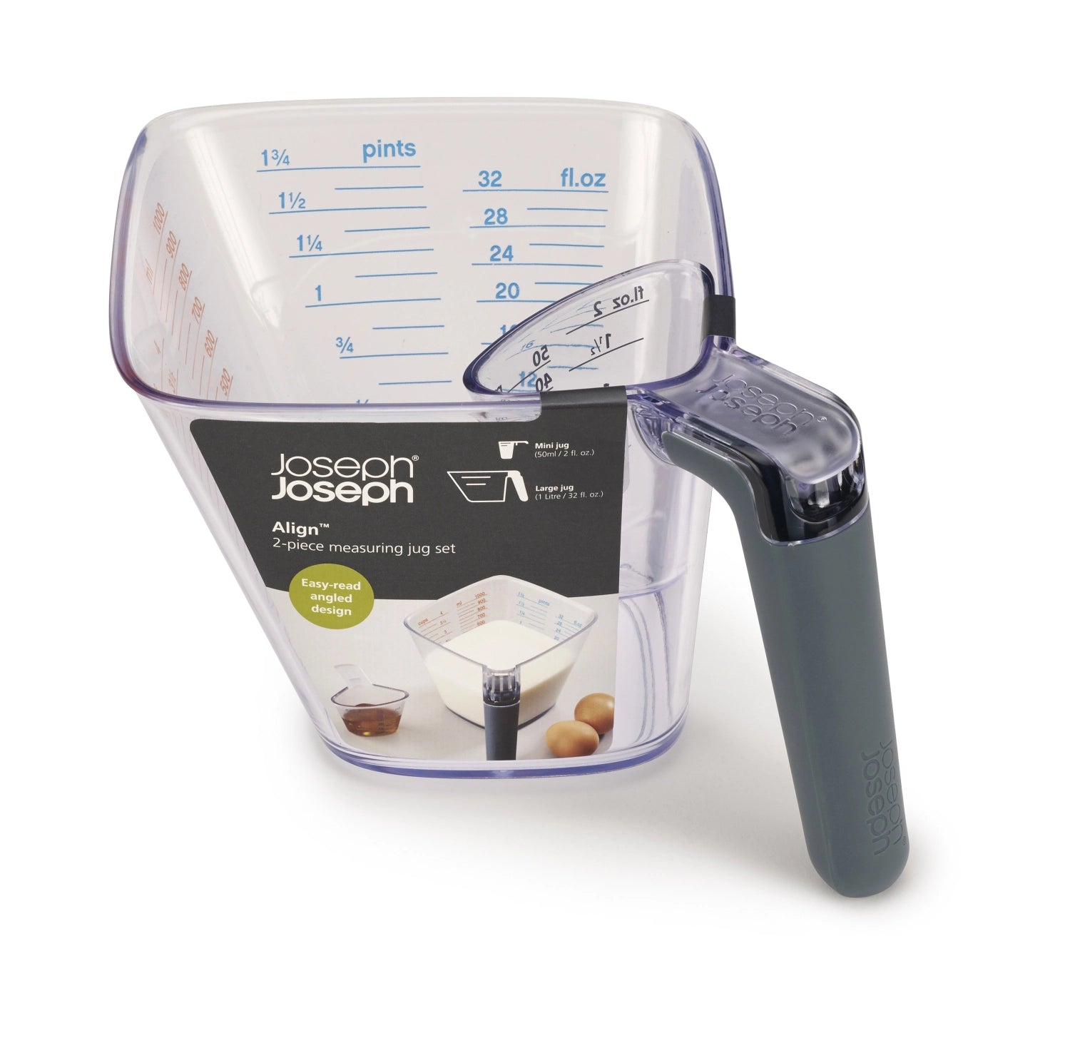 Praktisches 2-teiliges Messbecher-Set von Joseph Joseph, ideal für präzise Messungen, ausgestattet mit großen, leicht ablesbaren Skalen für optimale Benutzerfreundlichkeit.