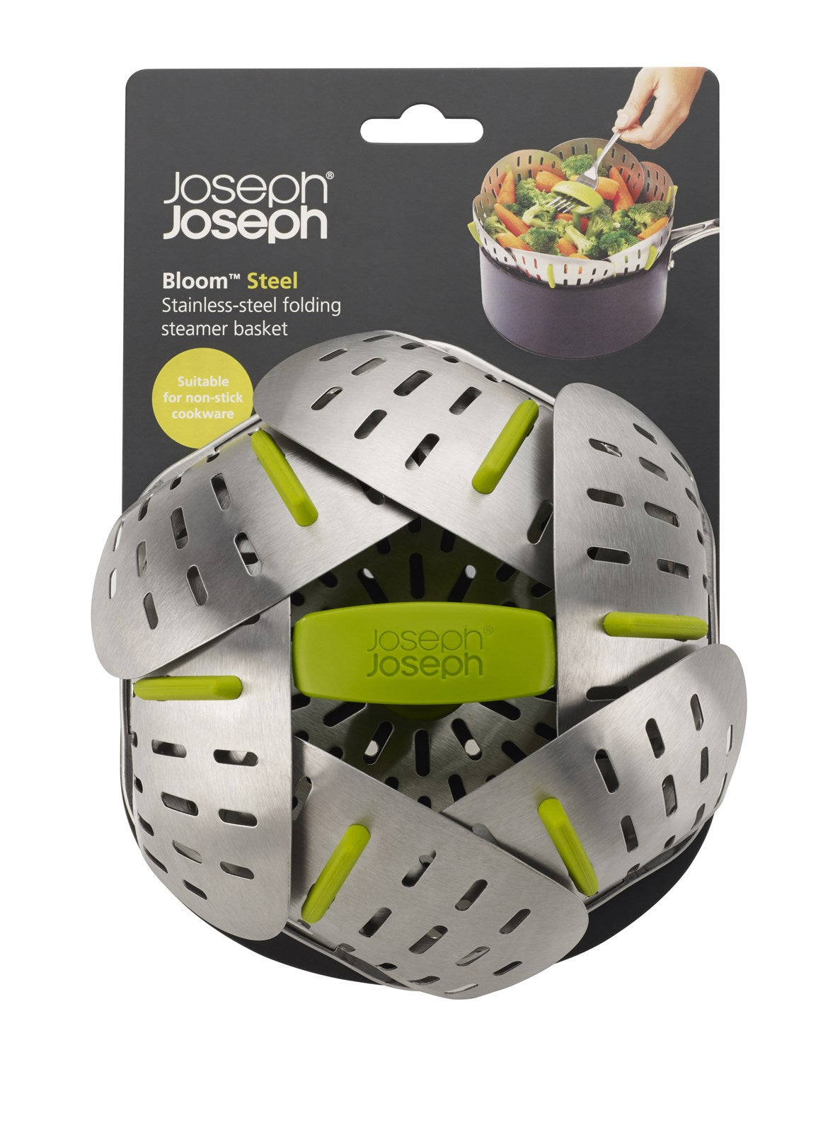 Entdecken Sie den Bloom Steel Dampfgarein von Joseph Joseph: Ein eleganter, zusammenklappbarer Dampfgarer aus Edelstahl in modernem Grün für gesunde Küche.