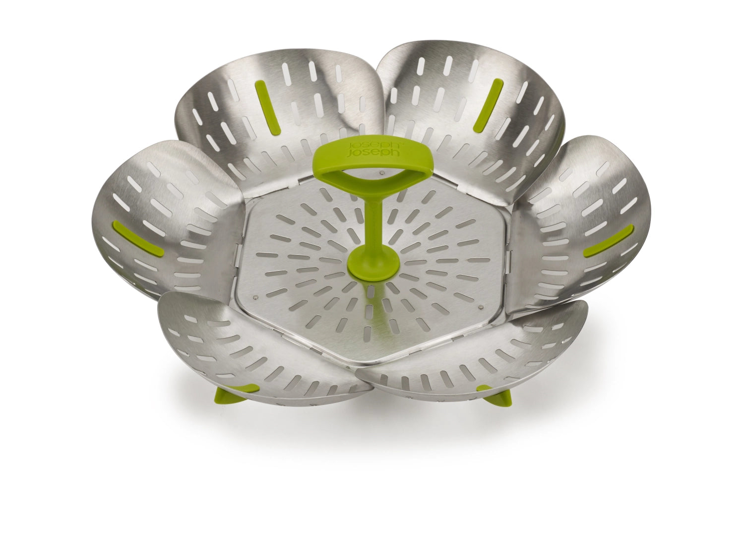Eleganter Bloom Steel Dampfgarein aus Edelstahl in Grün, ideal für gesundes Dämpfen von Lebensmitteln. Praktisch und platzsparend zusammenklappbar.