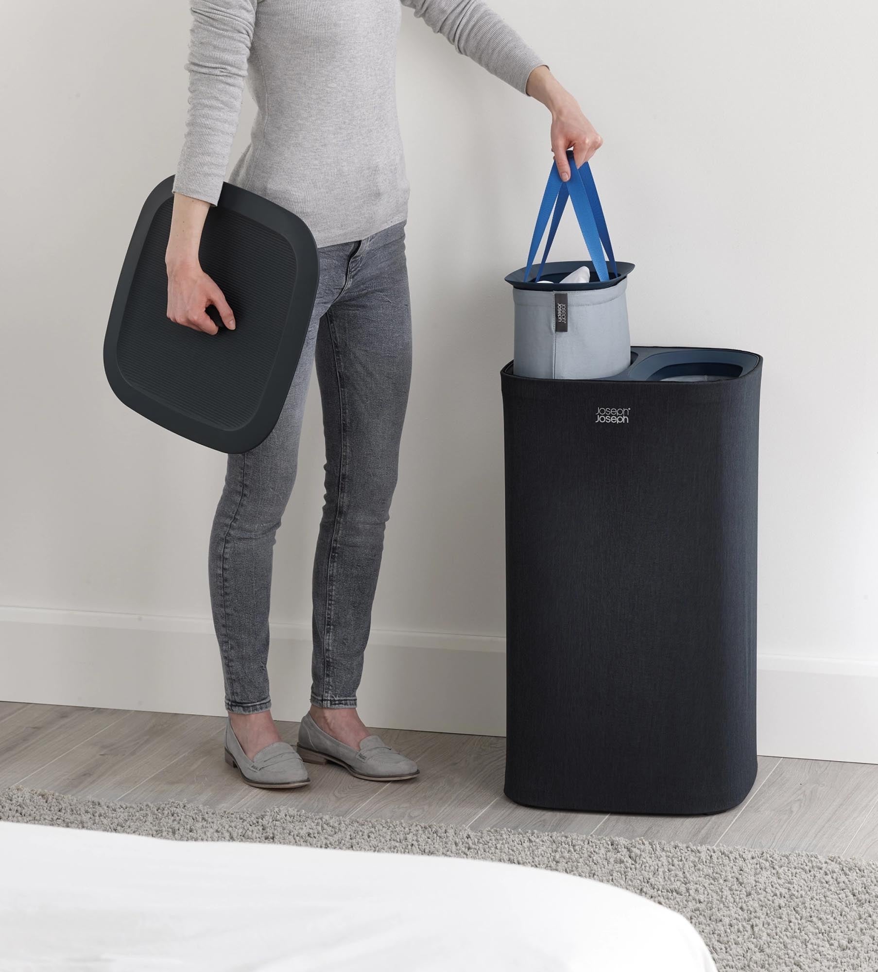 Praktischer 60-Liter-Wäschetrennkorb in modernem Schwarz von Joseph Joseph. Perfekt für effiziente Wäscheorganisation und platzsparend im Badezimmer.