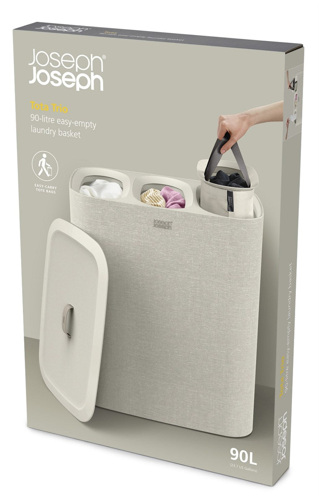 Stilvoller 90L Wäschekorb in Ecru von Joseph Joseph. Mit drei Fächern für einfache Wäschetrennung und robustem Design für jeden Haushalt.