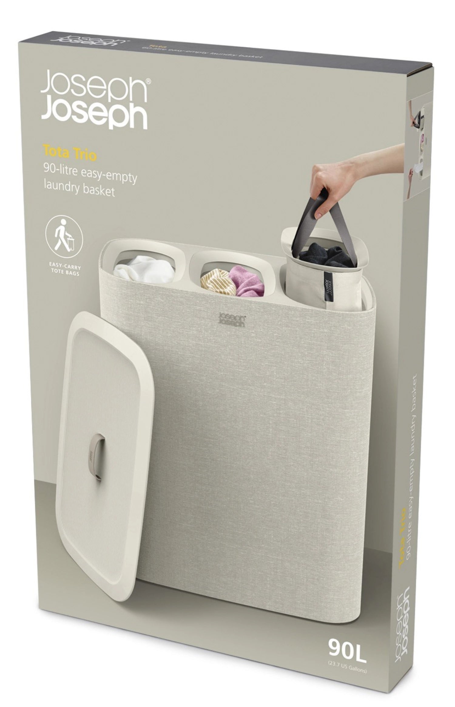 Moderner Wäschekorb Tota Trio 90L in Ecru von Joseph Joseph, ideal für eine ordentliche und ansprechende Wäscheaufbewahrung.