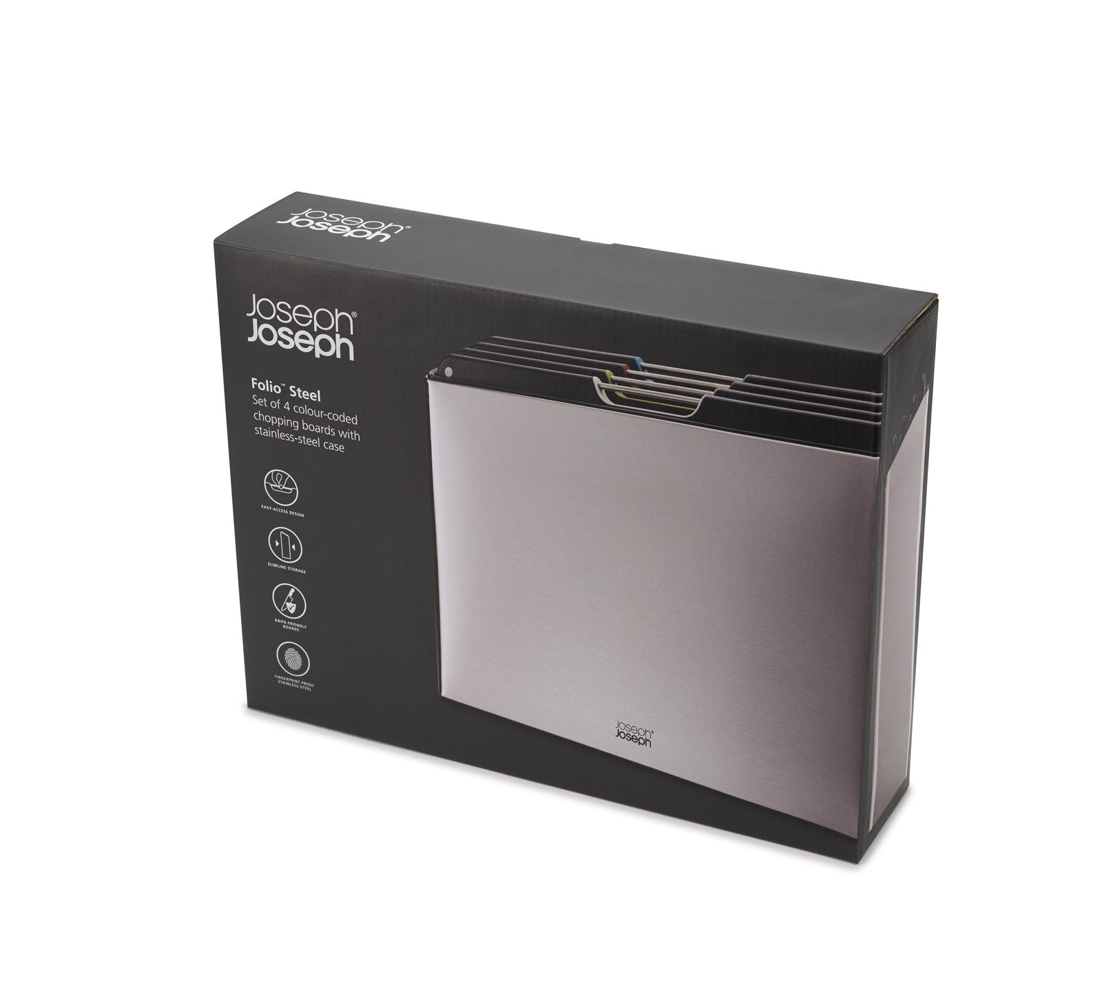 Das Folio Steel Schneidebrett-Set von Joseph Joseph: 4 langlebige Edelstahlbretter, spülmaschinenfest, ideal für Gemüse, Fleisch und Brot.