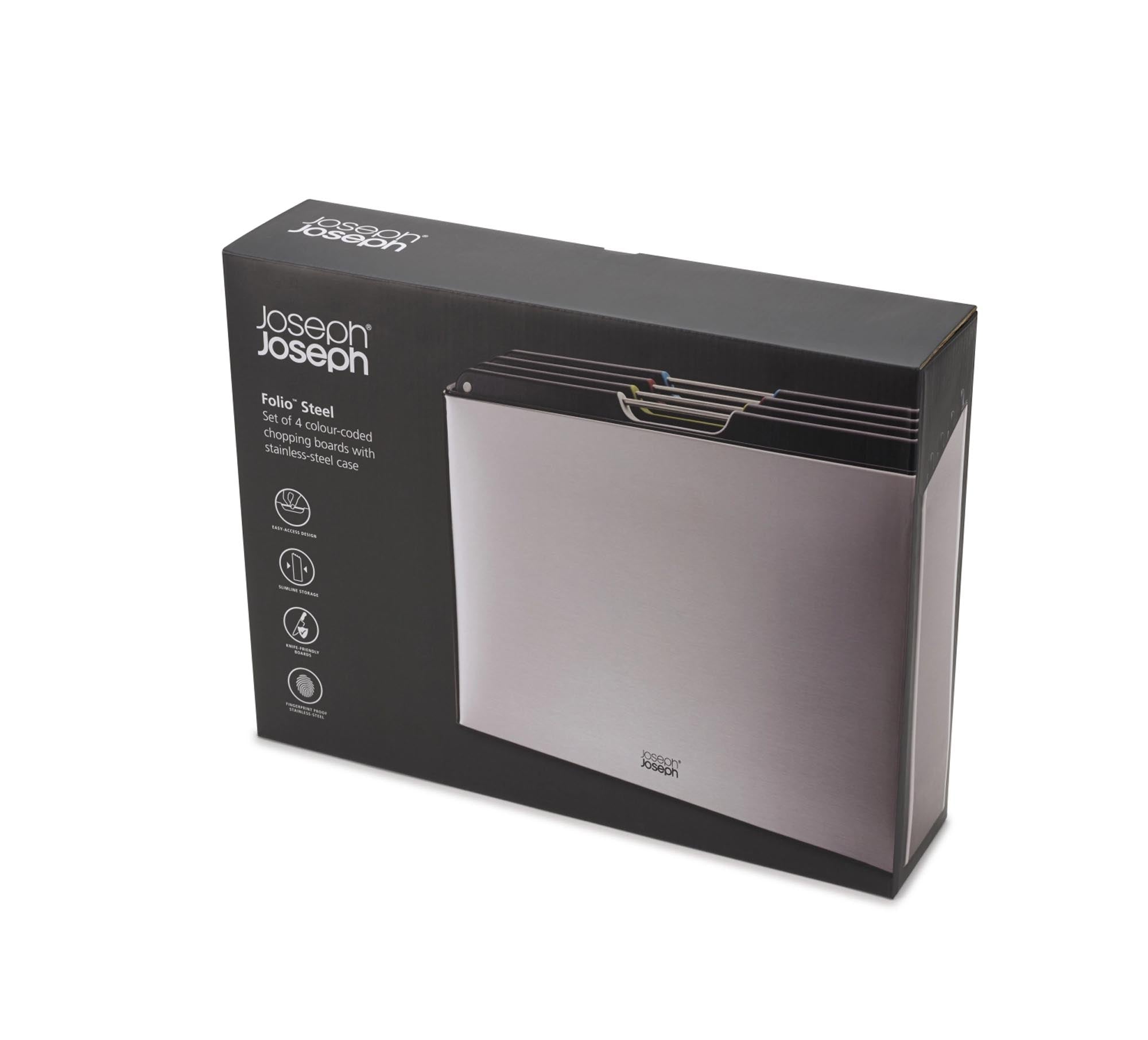 Das Folio Steel Schneidebrett-Set von Joseph Joseph: 4 langlebige Edelstahlbretter, spülmaschinenfest, ideal für Gemüse, Fleisch und Brot.