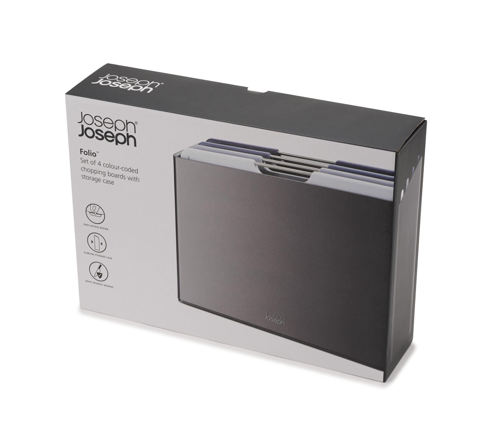 Stilvolles 4-teiliges Schneidebrett-Set von Joseph Joseph: Funktional, langlebig, spülmaschinenfest, platzsparend, ideal für jede Küche.
