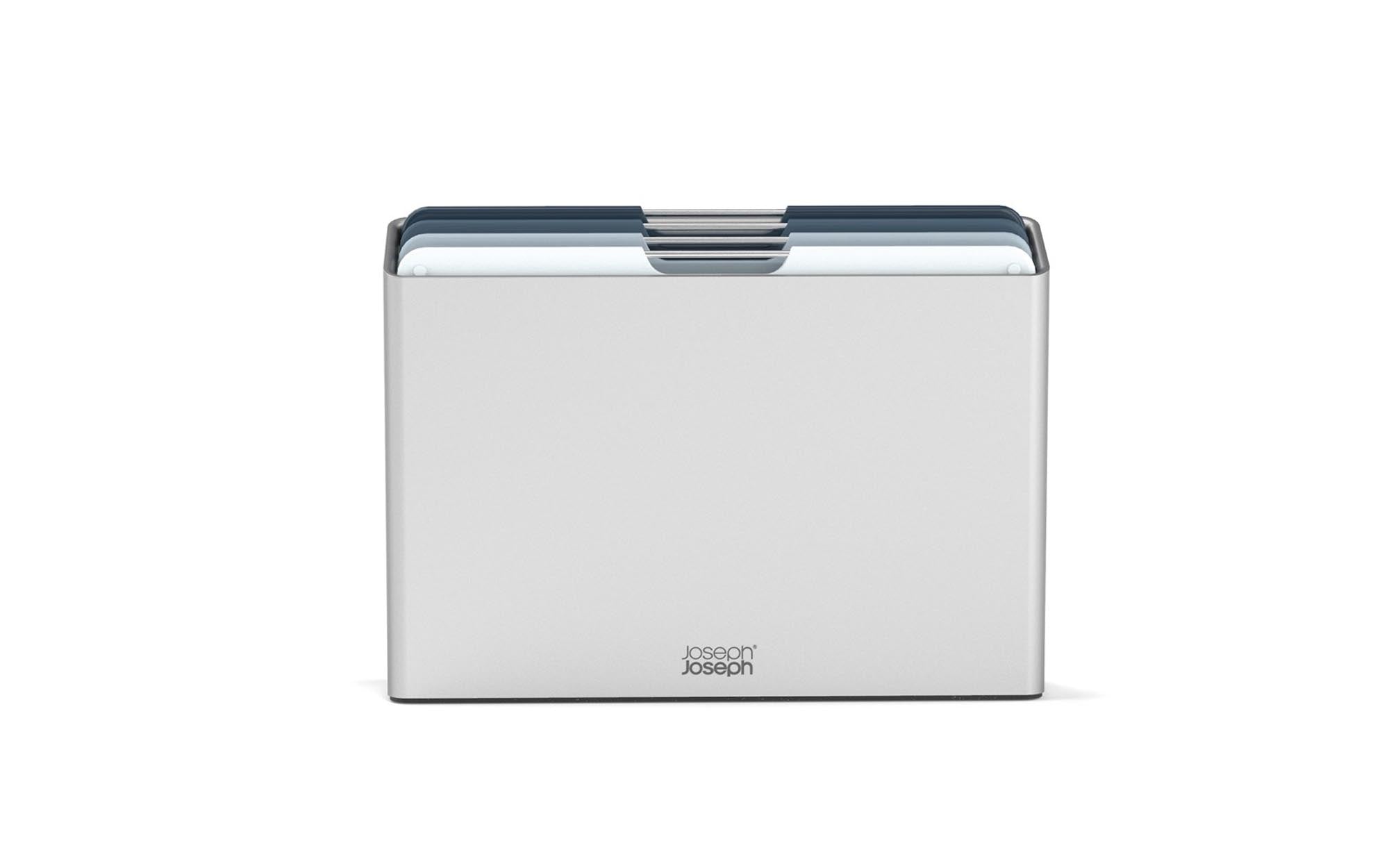 Elegantes 4-teiliges Schneidebrett-Set von Joseph Joseph: hygienisch, langlebig, spülmaschinenfest, mit Anti-Rutsch-Füssen und farblich markiert.