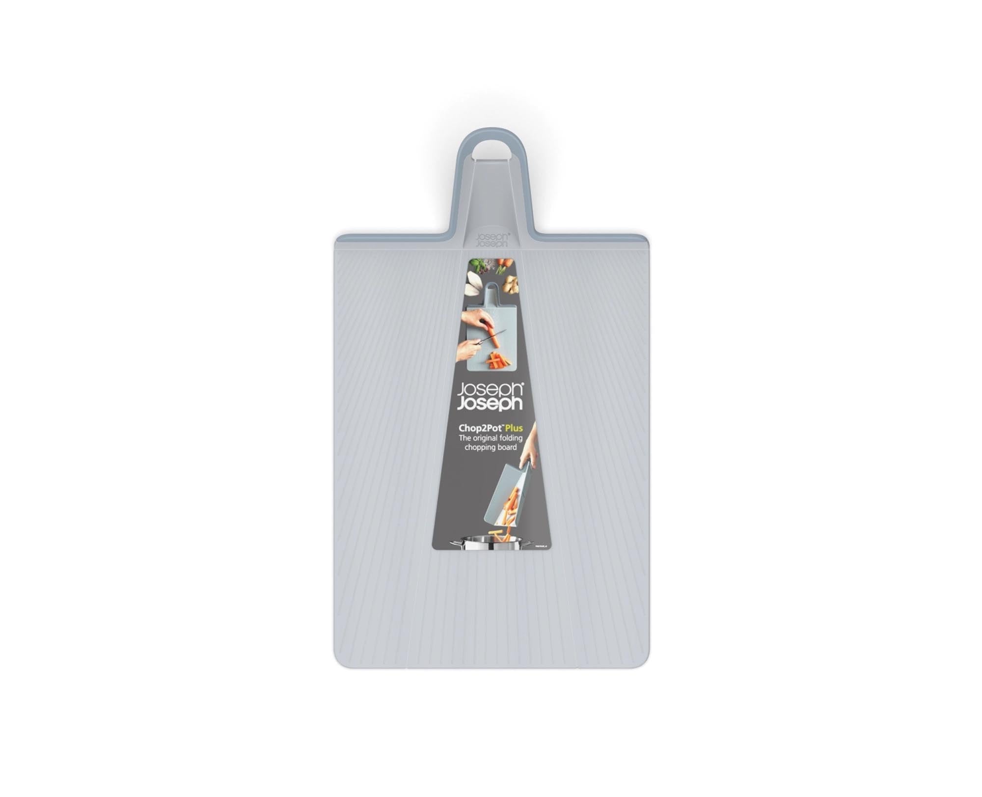 Praktisches und stilvolles Falt-Schneidebrett in blassblau von Joseph Joseph. Ideal für müheloses Schneiden und sauberes Umfüllen.