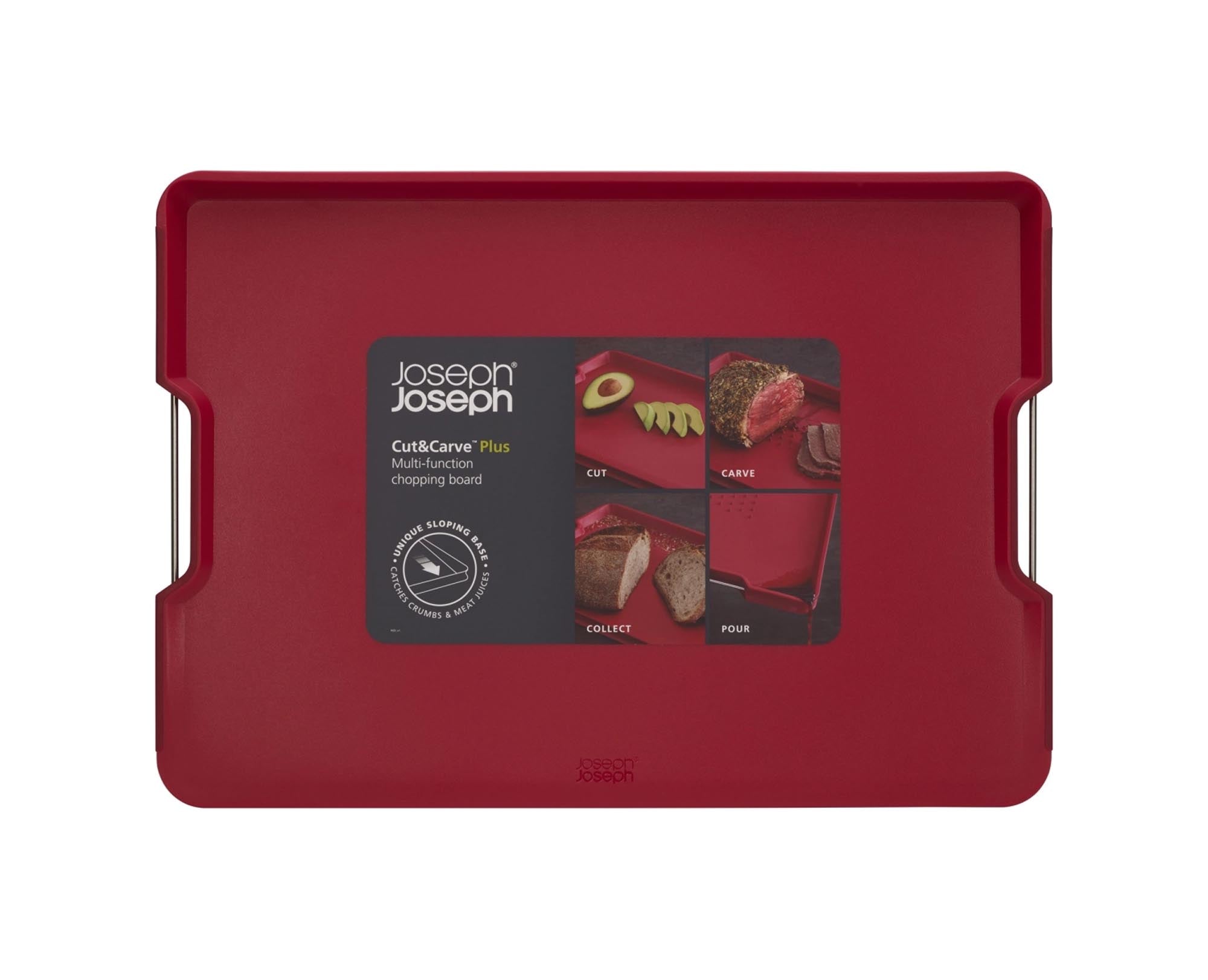 Vielseitiges, rotes Cut&Carve Plus Brett für sauberes Arbeiten.