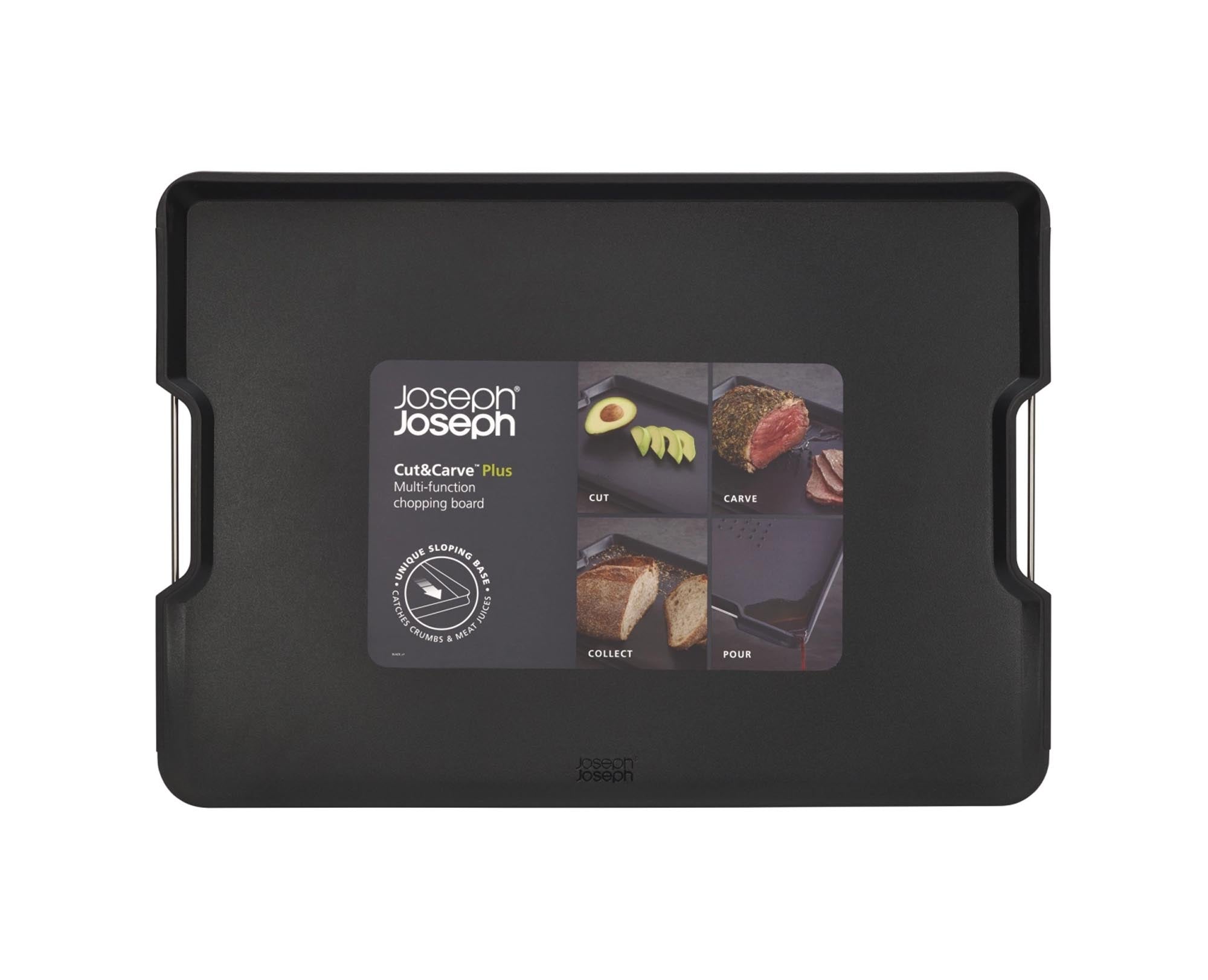 Elegantes, schwarzes Schneidebrett von Joseph Joseph: robust, hygienisch, spülmaschinenfest, mit Anti-Rutsch-Oberfläche und Ablaufrinnen.